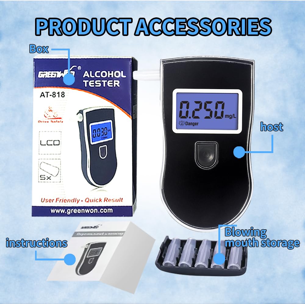 High-Accuracy Portable Breathalyzer - Professional & Personal Alcohol Tester with 20 Mouthpieces | Detect BAC Levels for Home, Workplace & Road Safety