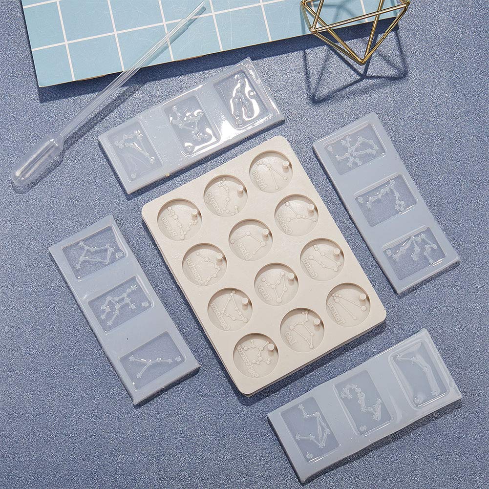 SunnyClue DIY 12 Constellations Resin Molds Set - Epoxy Disc Pendant & Rectangle Silicone Molds Kit with 18.7