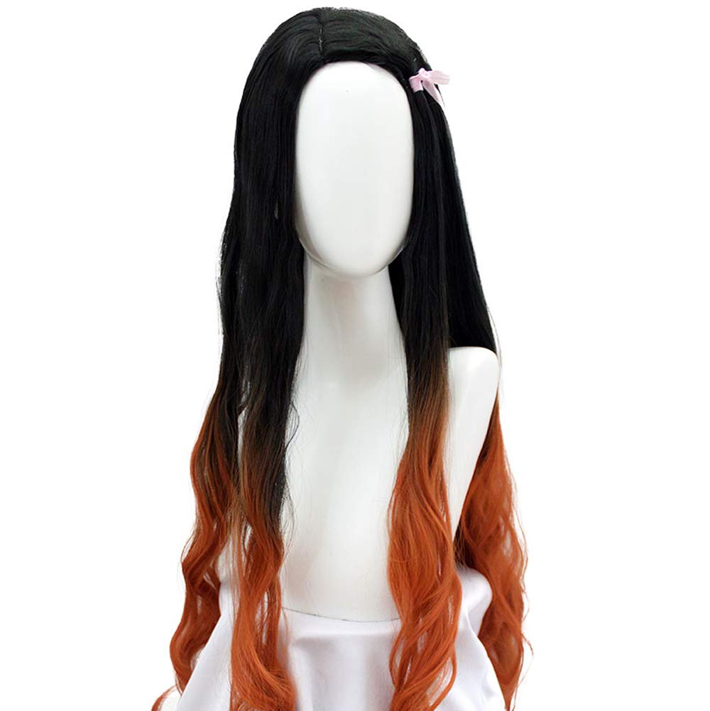 Long Black Ombre Orange Curly Synthetic Cosplay Wig for Women - Kamado Nezuko Anime Style Wig | Perfect for Halloween, Cosplay Events & Anime Conventions