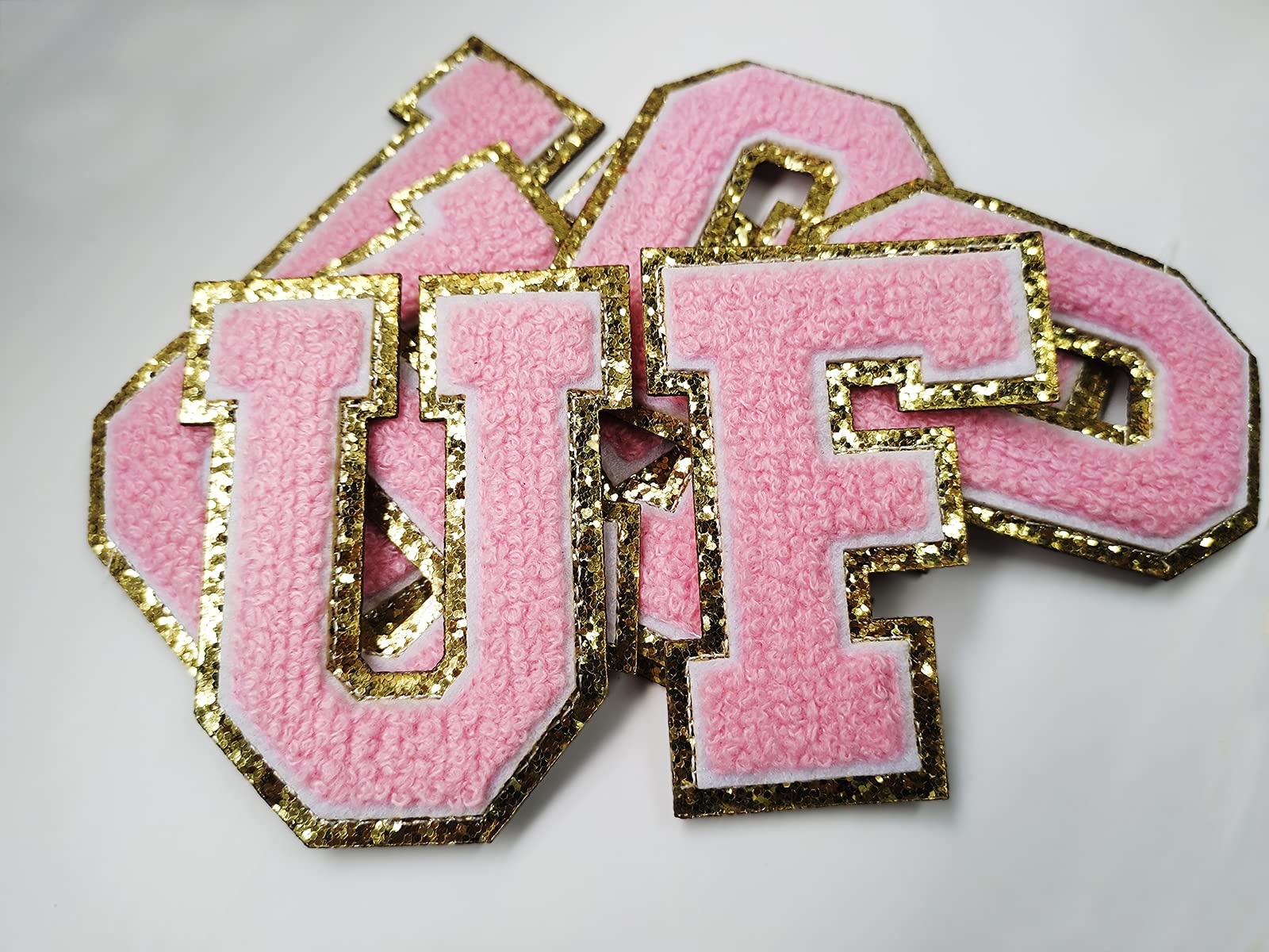3 PCS Gold Glitter & Pink Chenille Iron-On Letter Patches - Varsity Initial Patches for Team Costumes, Jackets & Bags (3.1in Height) | DIY Clothing Decoration & Personalized Gift Idea