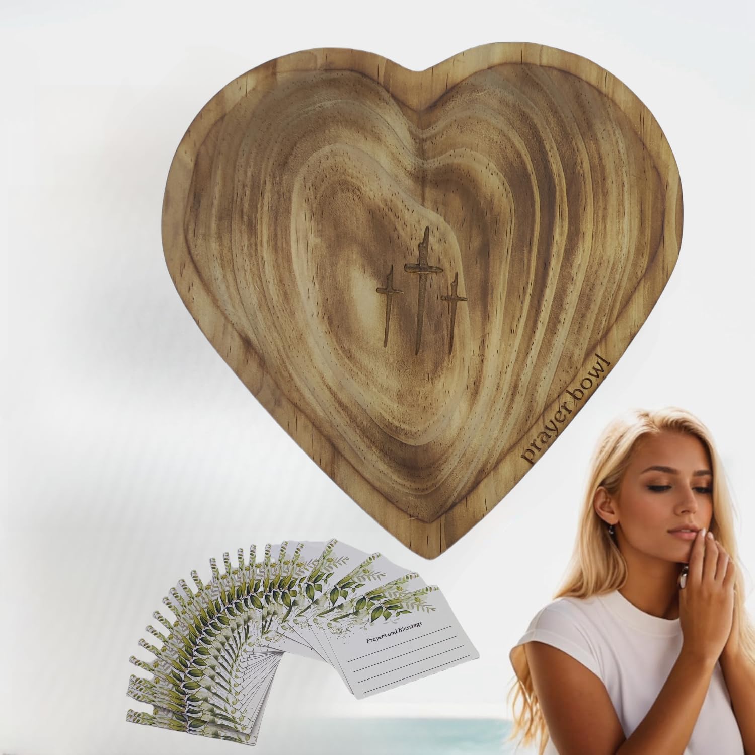 Christian Heart Prayer Bowl with Cards - Natural Wooden Prayer Dough Bowl for Women, Religious Home Decor & Devotional Gifts - Perfect for Daily Prayers, Bible Study & Spiritual Meditation