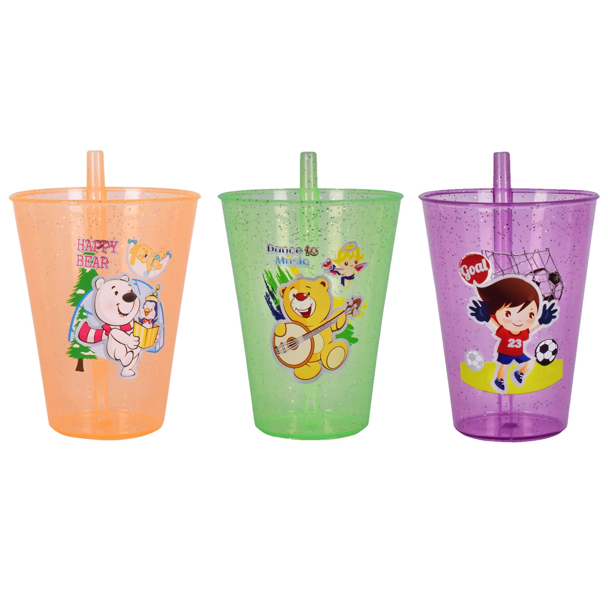 Colorful Cartoon Glitter Tumbler with Straw for Kids - 250ml Leak-Proof Sipper Cup - BPA-Free Plastic Water Bottle for School, Travel & Outdoor Activities (Multicolor, Pack of 3)