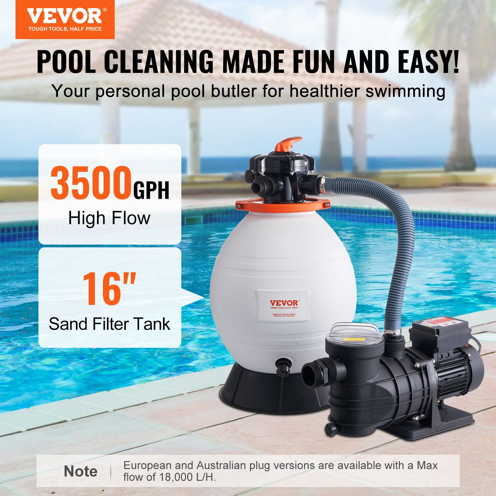VEVOR 16-inch Sand Filter Pump System for Above Ground Pools - 3500 GPH, 1 HP with Digital Timer & 6-Way Valve | Easy Install Pool Pump & Filter Combo | Perfect for Backyard Swimming Pools, Inflatable Pools & Water Filtration Systems