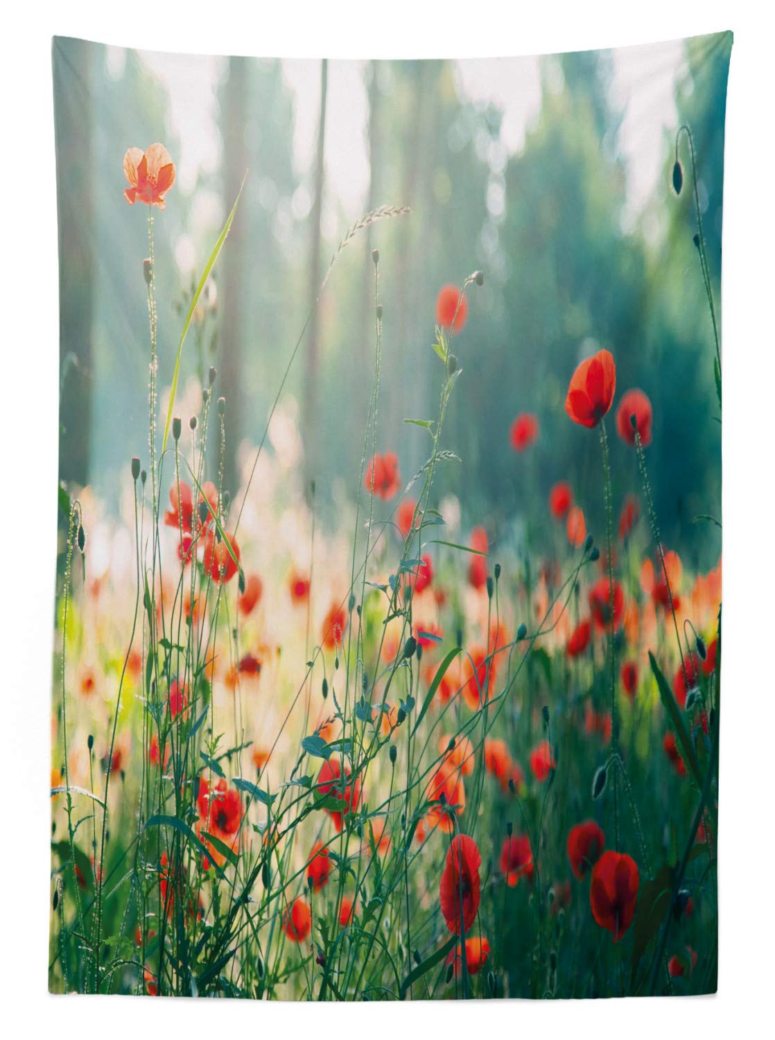 Ambesonne Waterproof Outdoor Tablecloth - Wild Red Poppy Flowers Design, 58x120 Inch Washable Picnic Table Cover for Garden Parties, BBQs, and Summer Picnics | Red Green Yellow Floral Pattern Decorative Cloth