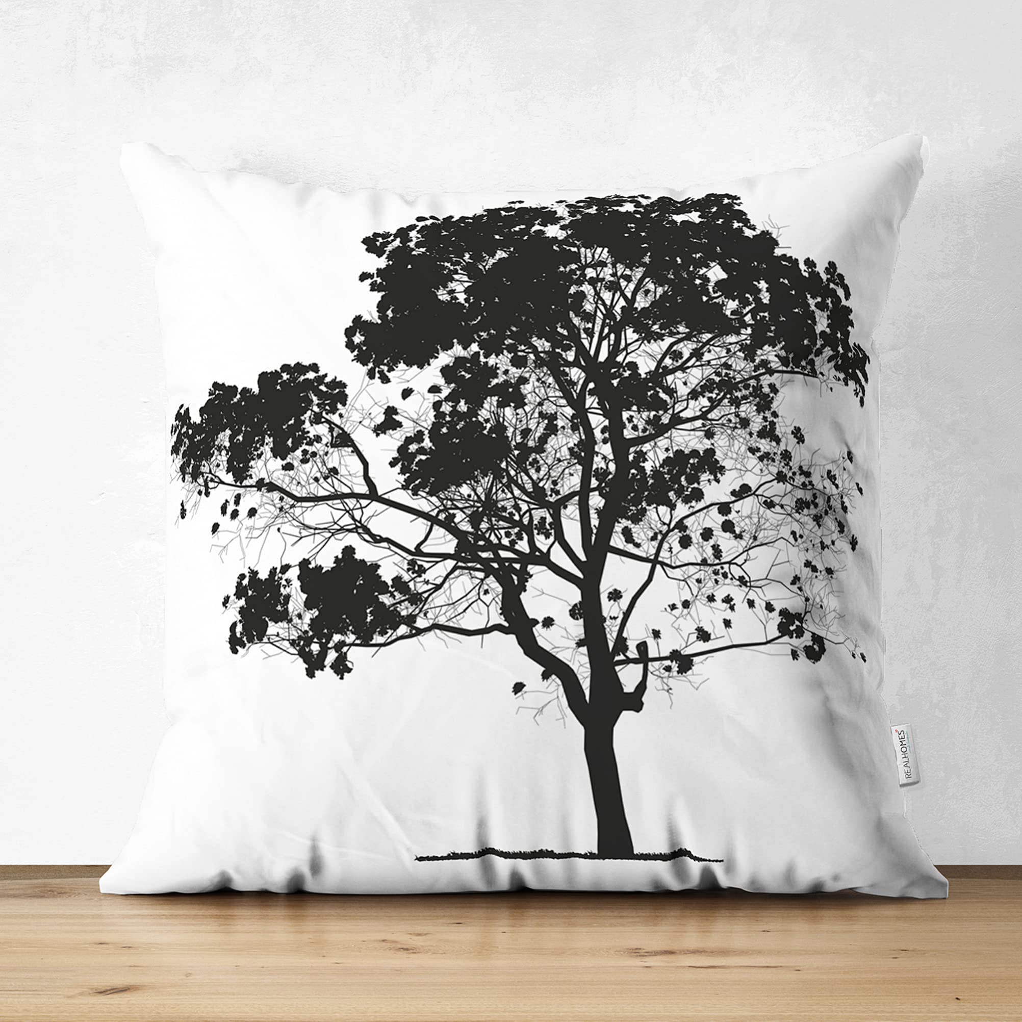 Farmhouse Botanic Square Throw Pillow Covers 12x12 inches (31x31cm) - Tree Home Decorative Pillowcase Set of 2 - White and Black Oak Leaf Design Cushion Shams for Sofa, Bed, Living Room - Cozy Farmhouse Style Home Decor Gift Ideas