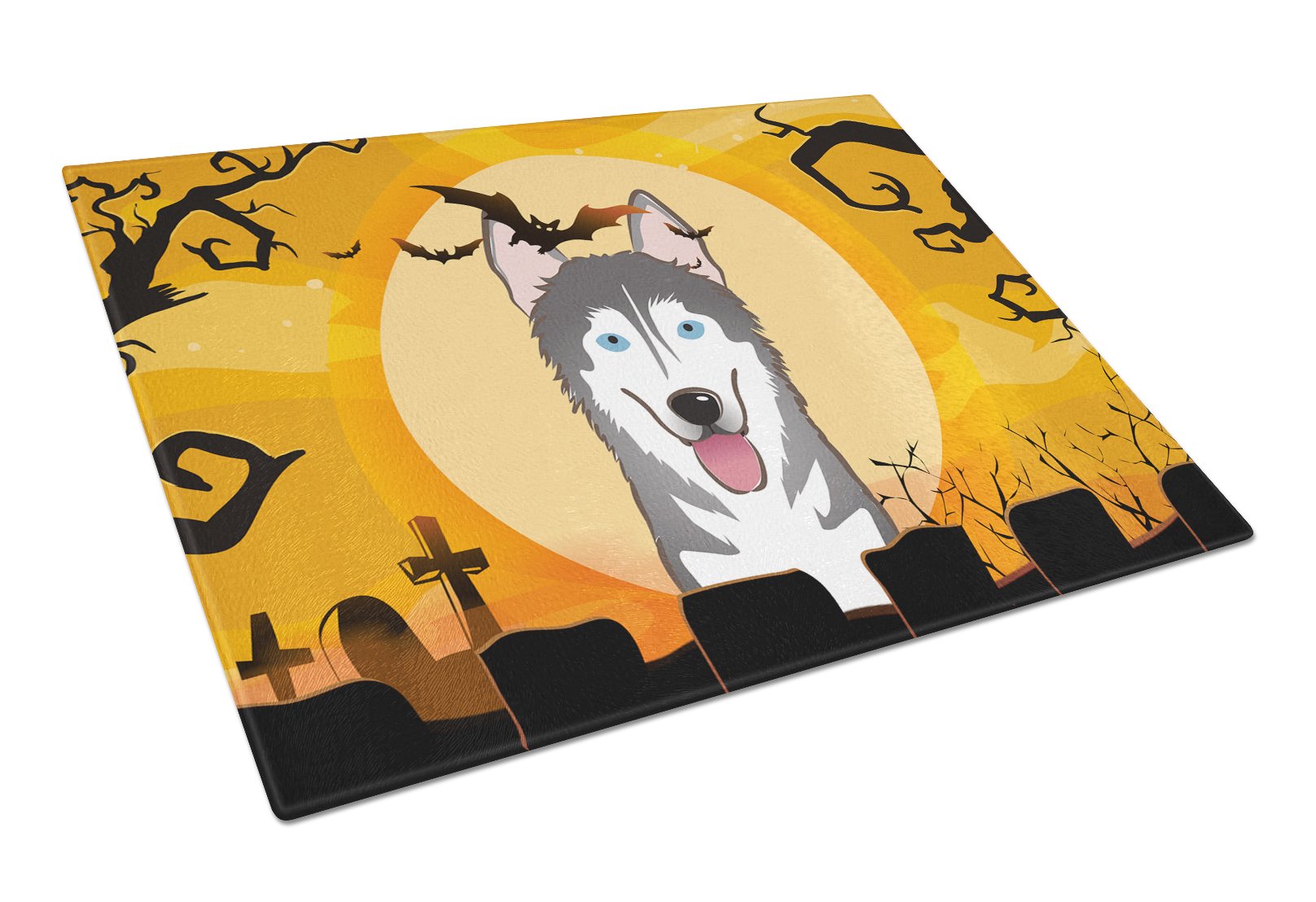 Halloween Alaskan Malamute Tempered Glass Cutting Board - Large Decorative Kitchen Chopping & Serving Board for Halloween Parties, Thanksgiving Dinner & Holiday Entertaining | Durable Scratch-Resistant Surface