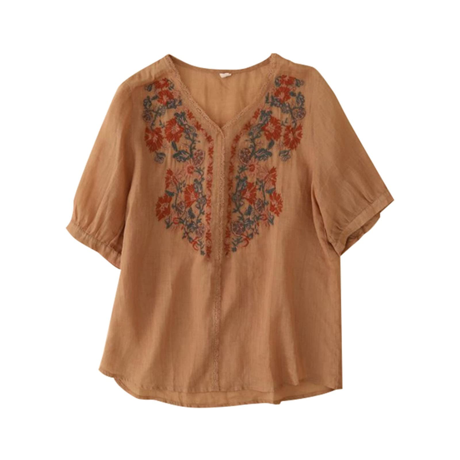PADON Women's Long Sleeve Embroidered Cotton Linen Shirt - Slim Fit V-Neck Pullover Blouse for Casual & Office Wear | Elegant & Versatile Top for Women