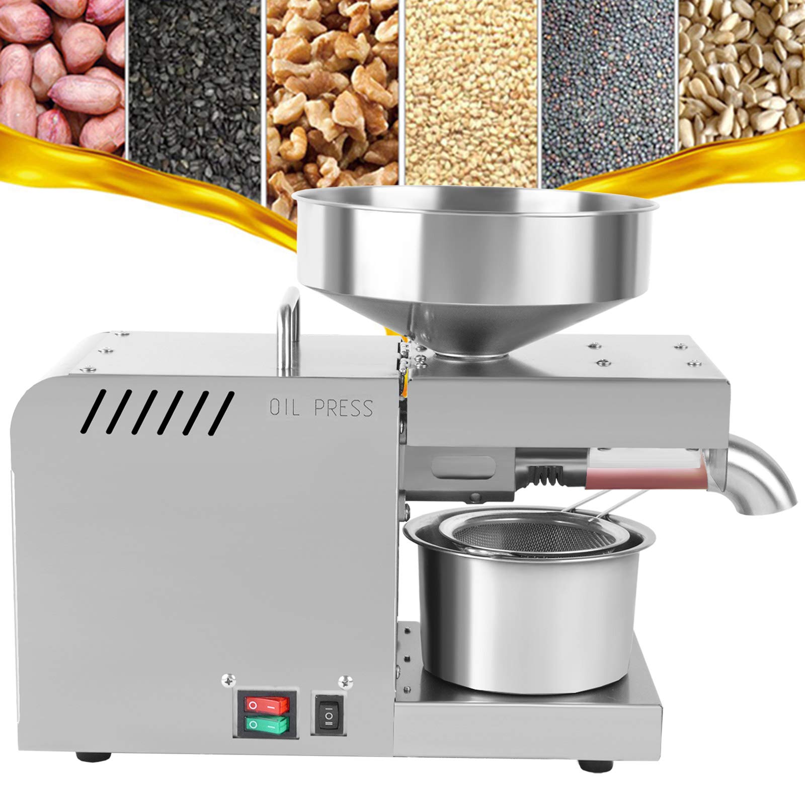 Stainless Steel Automatic Oil Press Machine 110V 600W - Electric Cold & Hot Oil Extractor for Peanut, Sunflower, Walnut, Olive, Flax Seeds - Perfect for Home Kitchen & Healthy Cooking