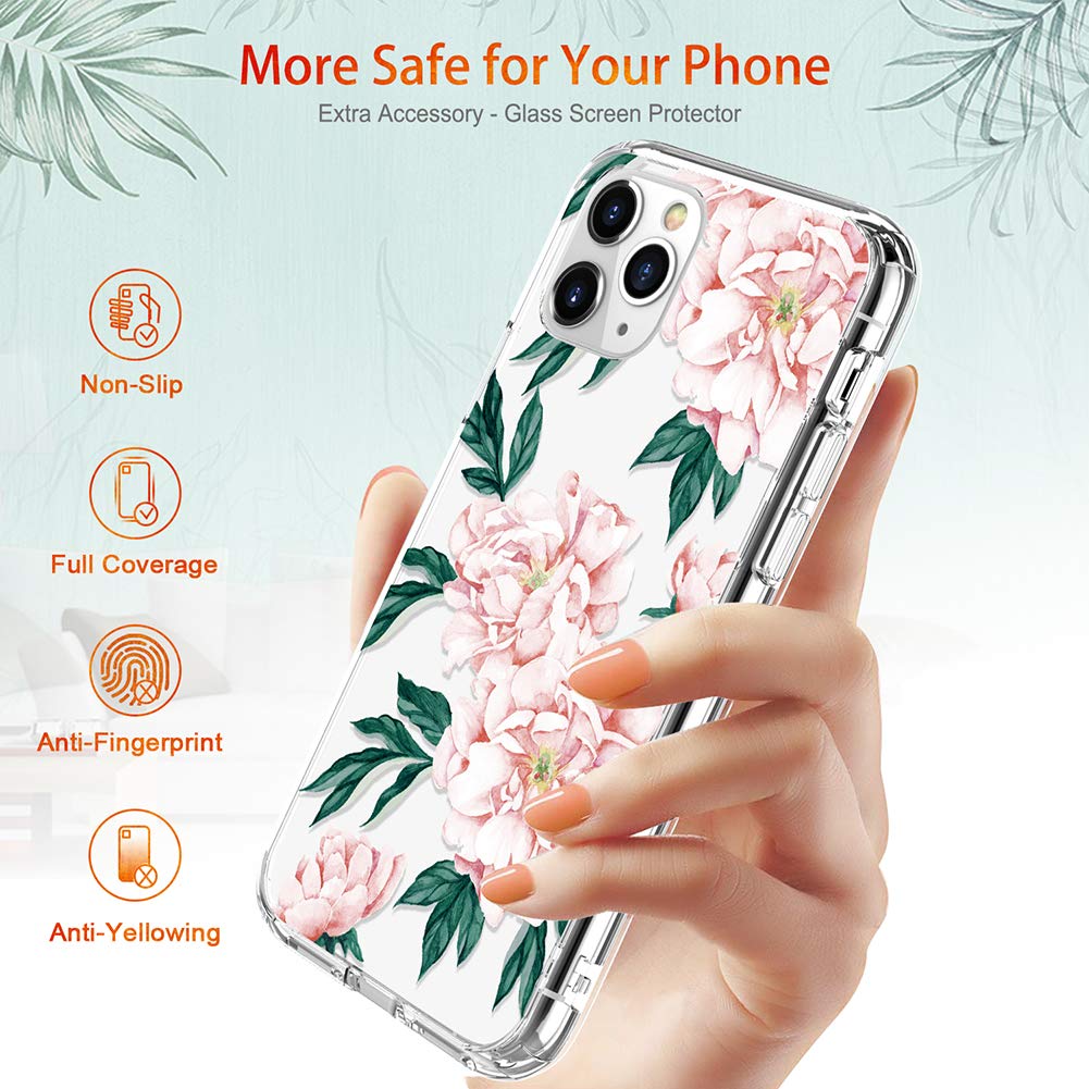 GiiKa iPhone 11 Pro Max Case with Screen Protector - Clear Floral Design Shockproof Hard PC & Slim TPU Bumper Cover for Women (Pink Flowers) | Perfect for Everyday Protection, Work, School & Travel