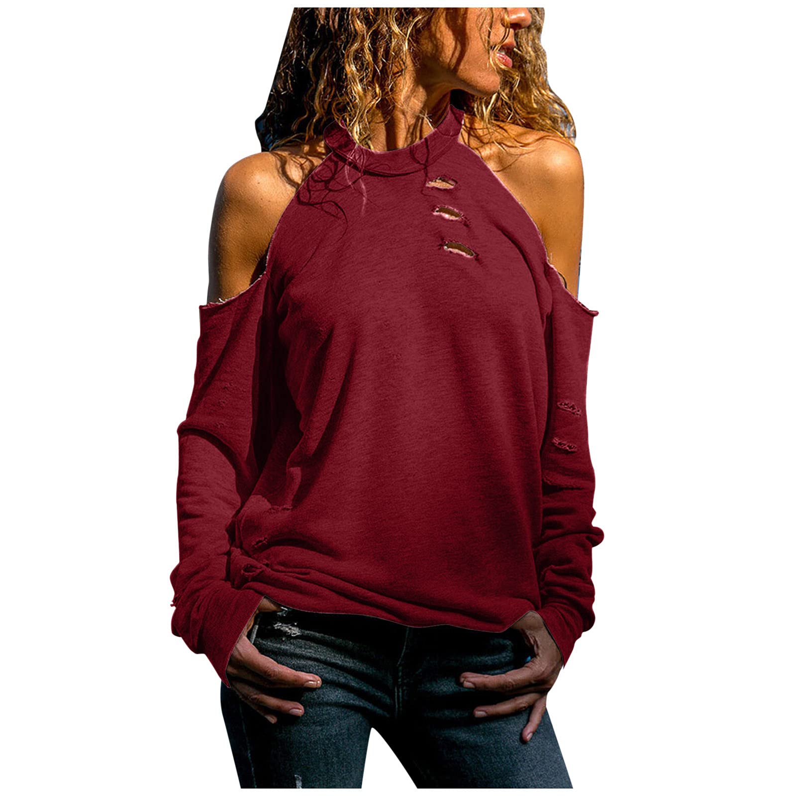 Women's Hollow Black Mesh Long Sleeve Blouse - Casual Off Shoulder Solid Print Top for Party, Date Night & Everyday Wear
