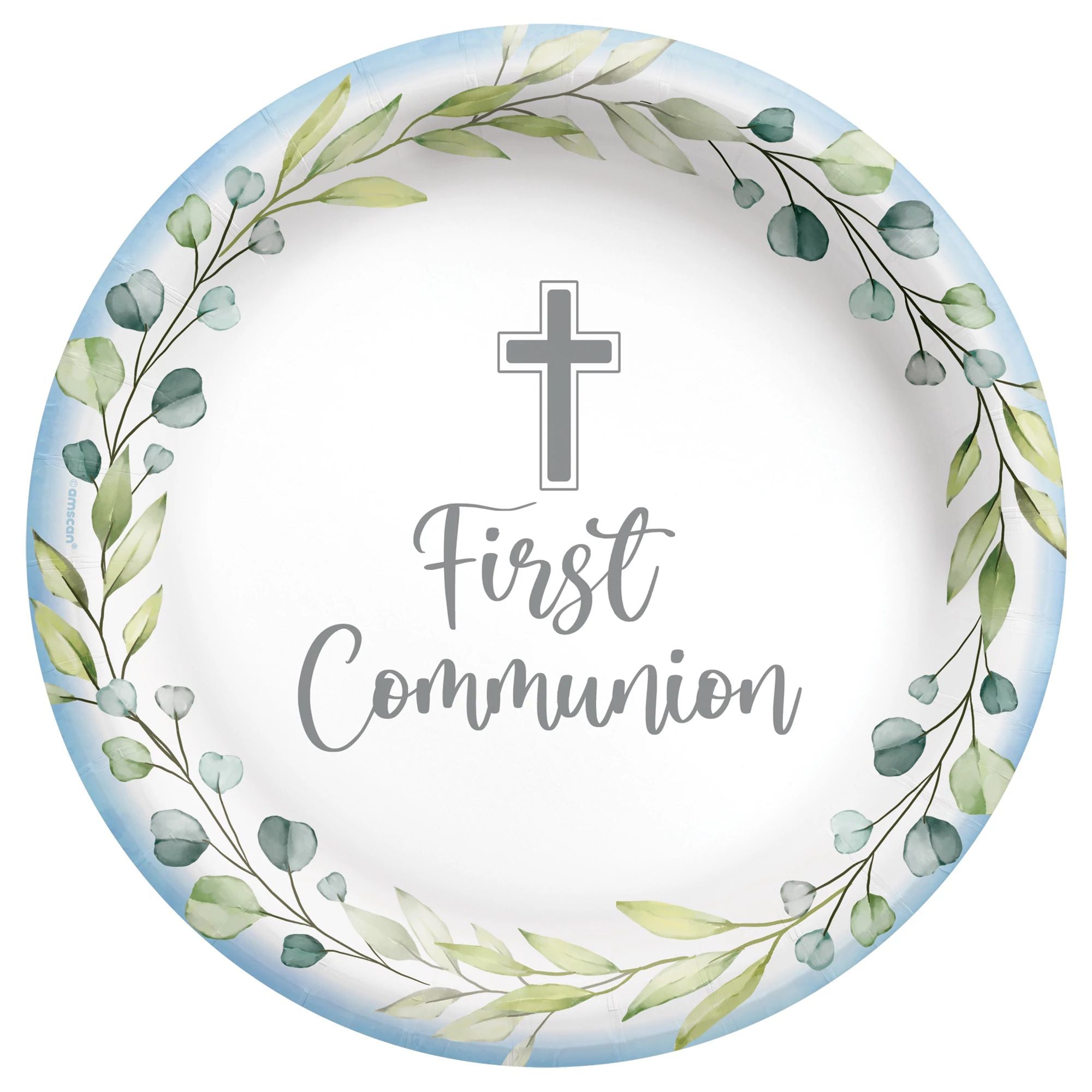 Blue Communion Small Round Dessert Paper Plates - 7 Inch Disposable Party Plates, Pack of 20 - Perfect for Baptism, First Communion, Baby Showers & Birthday Parties