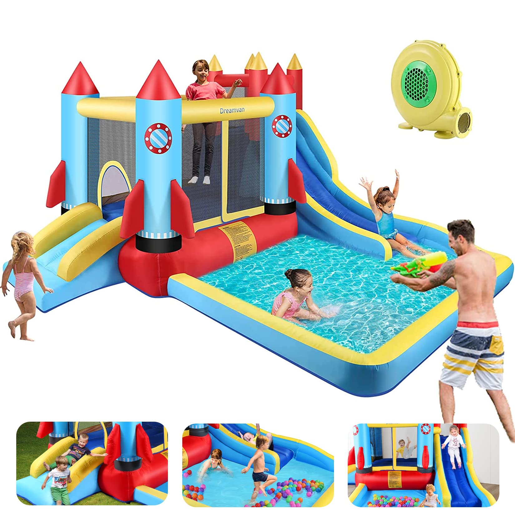 Inflatable Water Bounce House for Kids with Slide, Climbing Wall & Splash Pool - Includes Blower, Carry Bag & Repair Kit (146