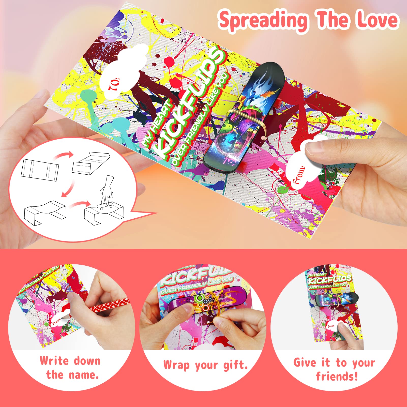 28 Pack Mini Finger Skateboard Valentine's Day Gifts for Kids with Greeting Cards - Perfect for Classroom Party Favors, Gift Exchange Prizes & Fingerboard Skate Lovers (Fun School Activity & Holiday Celebration)