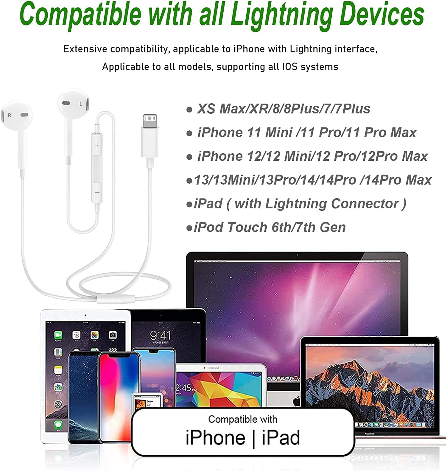 MFi Certified Lightning Earphones with Built-in Mic & Volume Control - Compatible with iPhone 14/13/12/11/SE/X/XR/XS/8/7 (iOS Supported) | Wired Headphones for Music, Calls & Gaming - Perfect for Commuting, Workouts & Travel