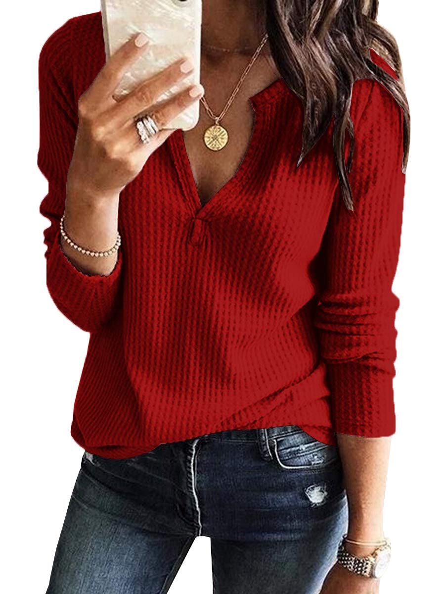 Women's V-Neck Waffle Knit Long Sleeve Shirt - Loose Fit Warm Pullover Sweater for Casual Wear, Layering & Winter Outfits
