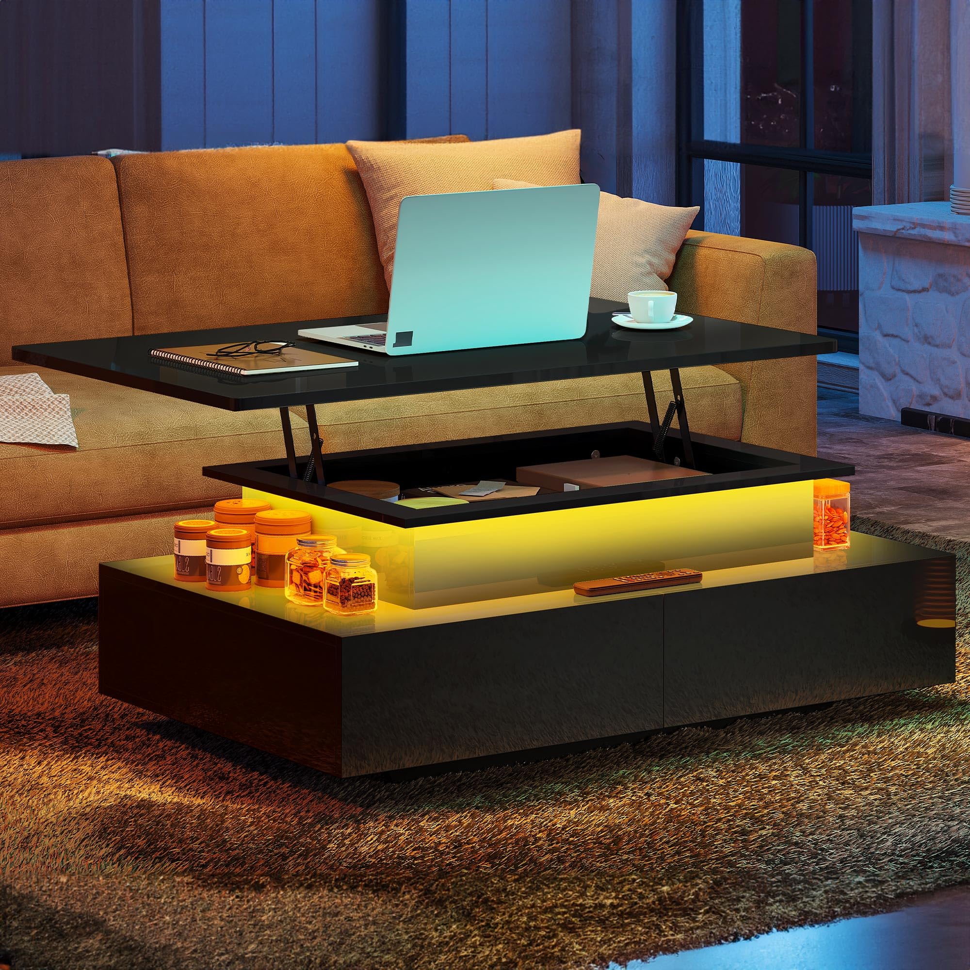 YITAHOME Lift Top Coffee Table with Storage & LED Lights - Modern Rectangular Living Room Table with 4 Spacious Drawers - Perfect for Small Spaces, Home Office & Entertainment Areas (Black)