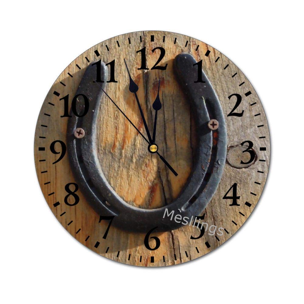 Western Rustic Horseshoe Printed Round Wall Clock - Good Luck Decor for Kitchen, Office & Home - Retro Hanging Clock for Farmhouse, Bedroom & Living Room Decor