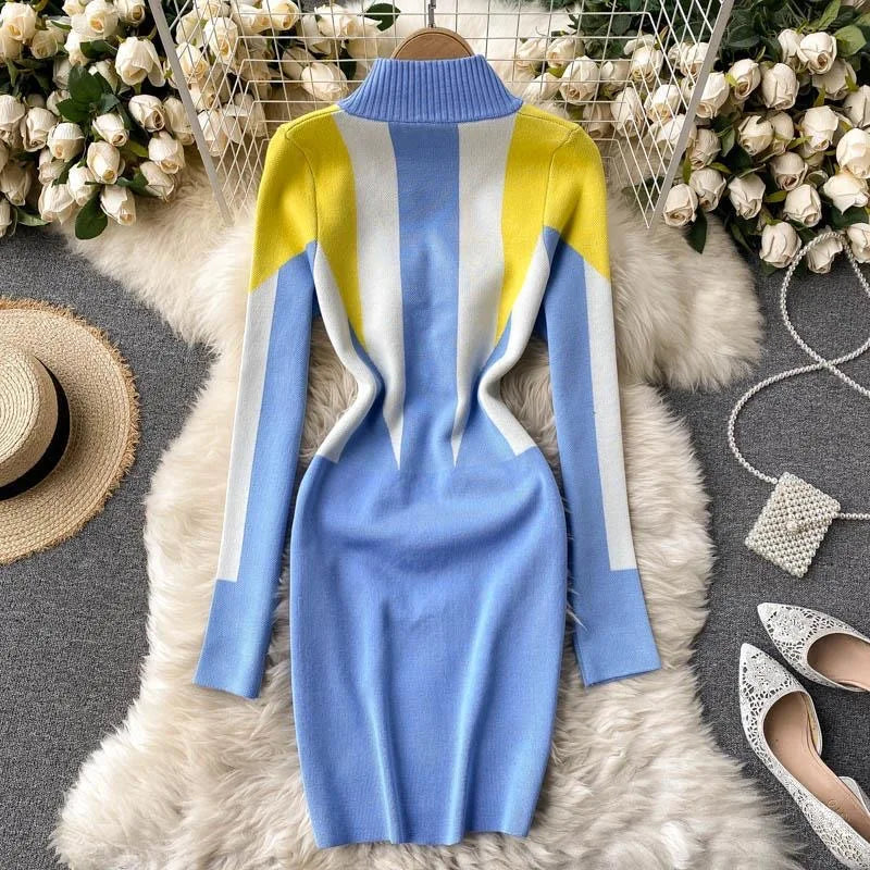 Women's Geometric Knit Bodycon Dress with Zipper Collar | Autumn Winter Fashion Streetwear | Perfect for Office Wear, Date Night & Holiday Parties