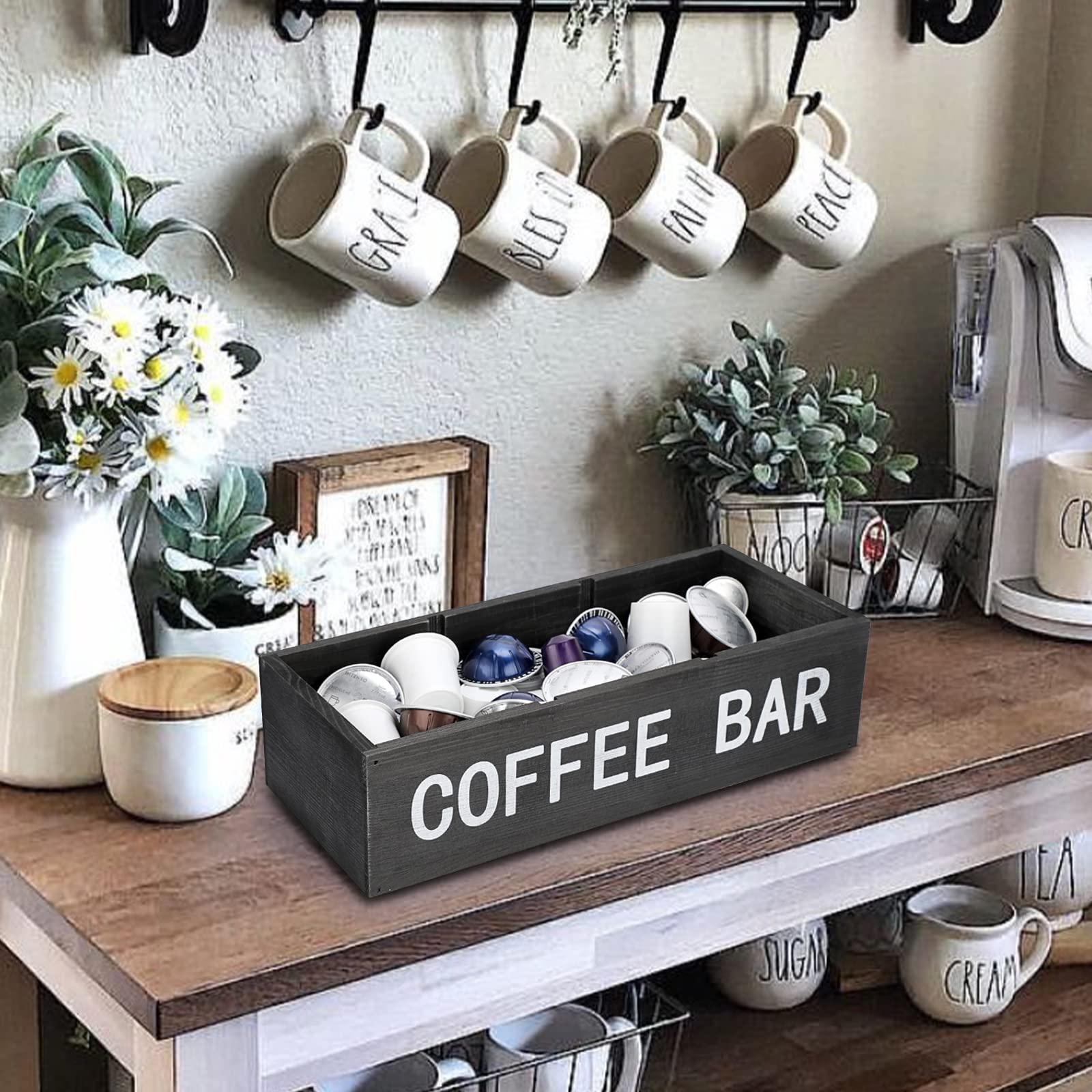 ELLDOO Wooden Coffee Bar Storage Box with Removable Grids - Coffee Station Organizer, Pod Holder & Rustic Kitchen Decor for Farmhouse, Countertop - Perfect for Home, Office & Coffee Shop Use (Black)