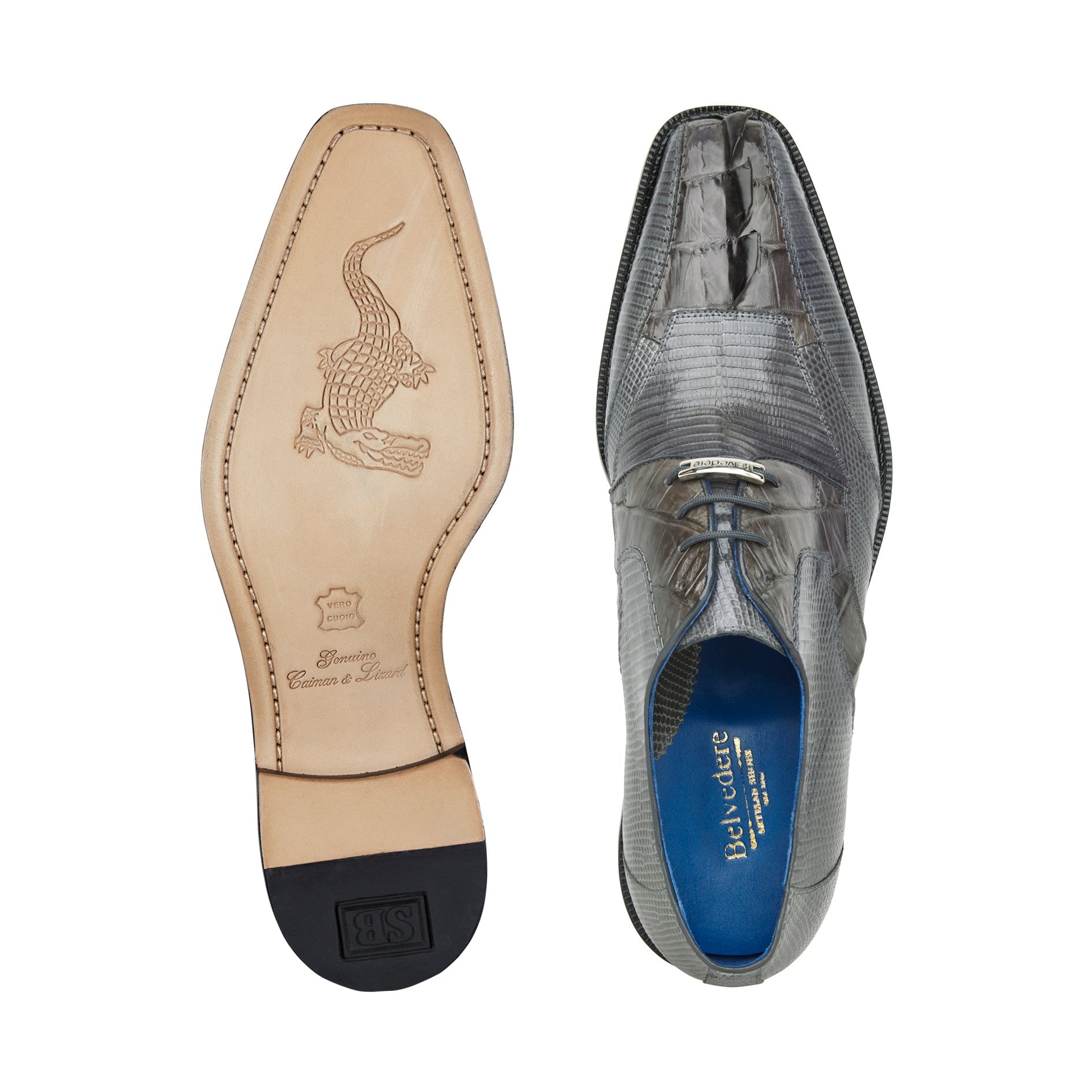 Belvedere Valter Genuine Caiman Crocodile & Lizard Leather Dress Shoes - Gray Size 1480 | Luxury Formal Footwear for Business Meetings & Special Occasions