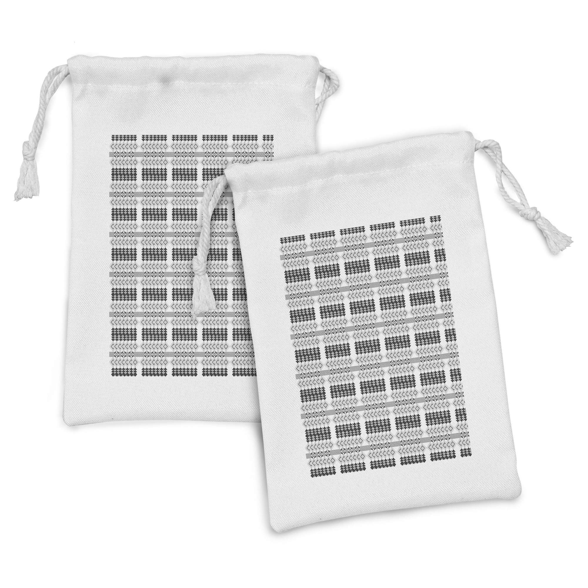 Ambesonne Abstract Fabric Pouch Set of 2 - Monochrome Geometric Design with Squares, Triangles & Floral Patterns | Small Drawstring Bags for Toiletries, Makeup, Jewelry & Travel Essentials | 9
