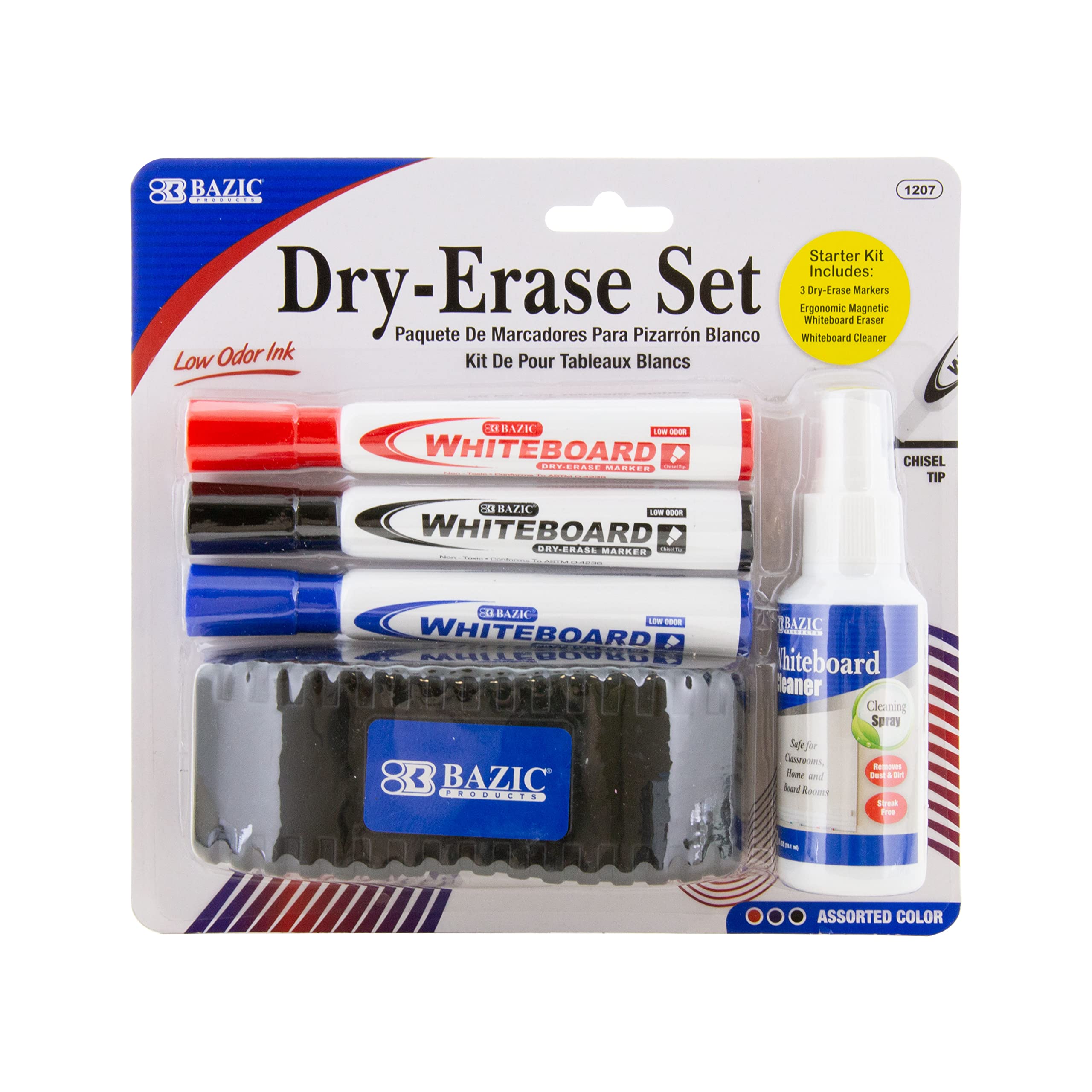 BAZIC 12-Pack Dry Erase Marker Set with Chisel Tip - Low Odor Whiteboard Markers, Board Eraser & Cleaner - Perfect for Office, Classroom & Home Use - School & Office Supplies