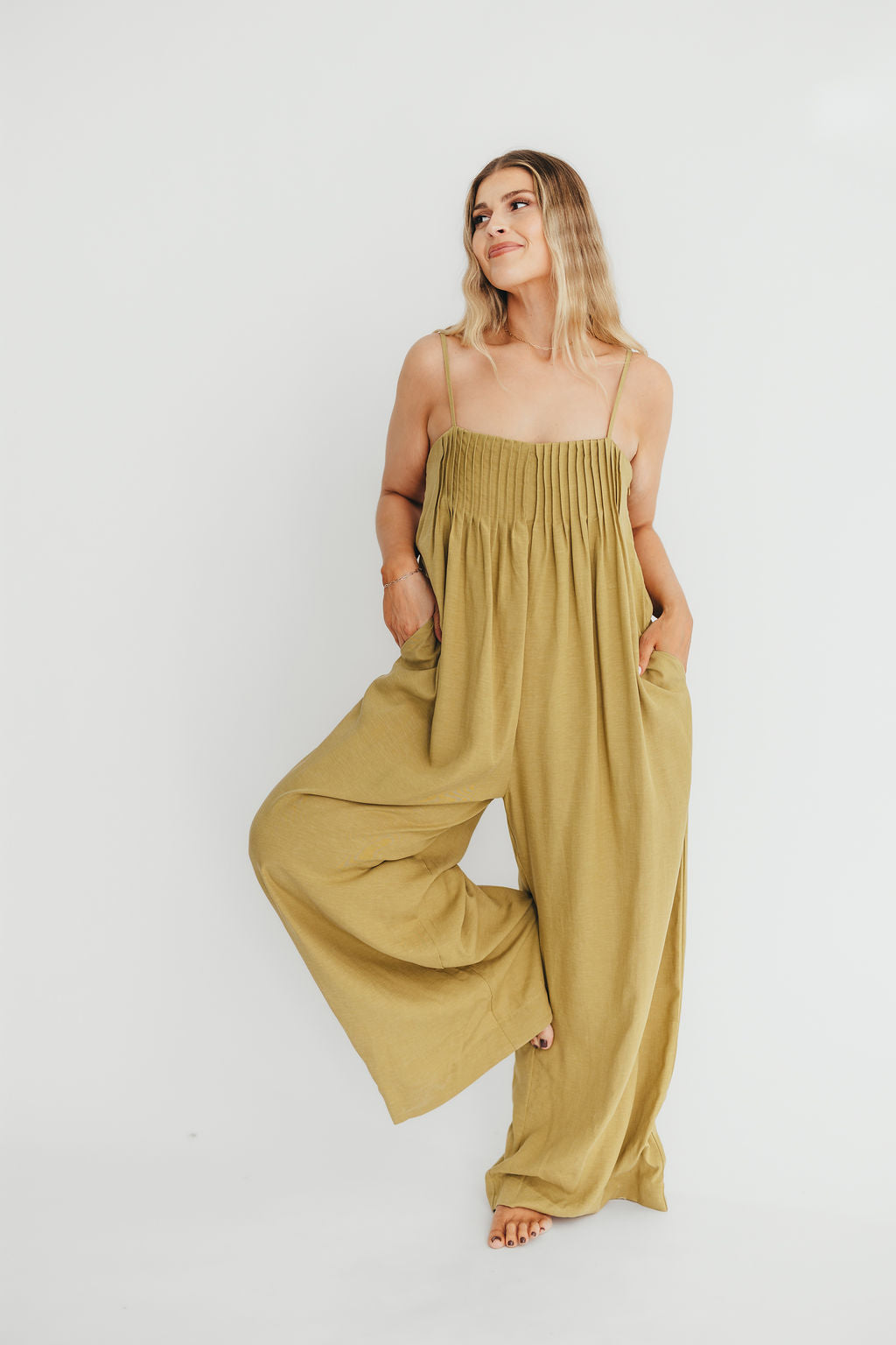 Adeline Pleated Jumpsuit for Women - Olive Green Wide Leg Romper with Pockets | Casual Chic Outfit for Brunch, Date Night & Summer Vacations