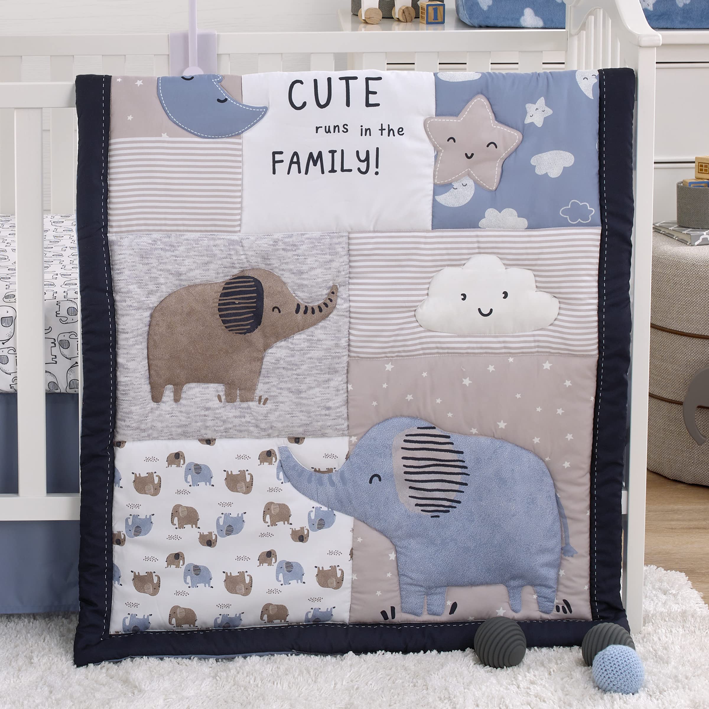 NoJo Carter's Blue Elephant 3-Piece Nursery Crib Bedding Set - Soft Chambray, Navy, Gray & White with Elephant, Moon, Clouds & Stars Design - Includes Comforter, Fitted Sheet & Crib Skirt | Perfect for Baby Shower Gifts & Cozy Nursery Decor