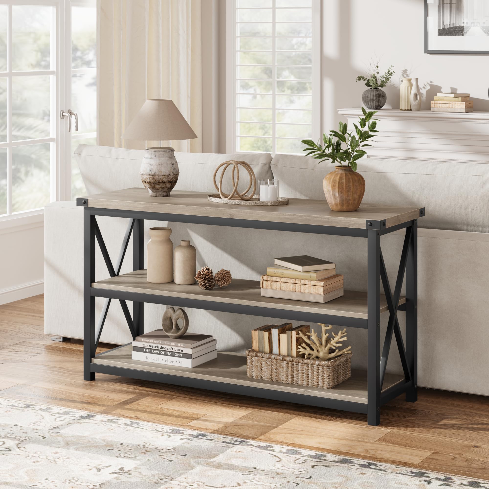 GARVEE 3-Tier Narrow Console Table with Storage Shelf - 47.2 Inch Industrial Style Entryway Table - Wood & Metal Frame for Living Room, Hallway, Foyer Decor