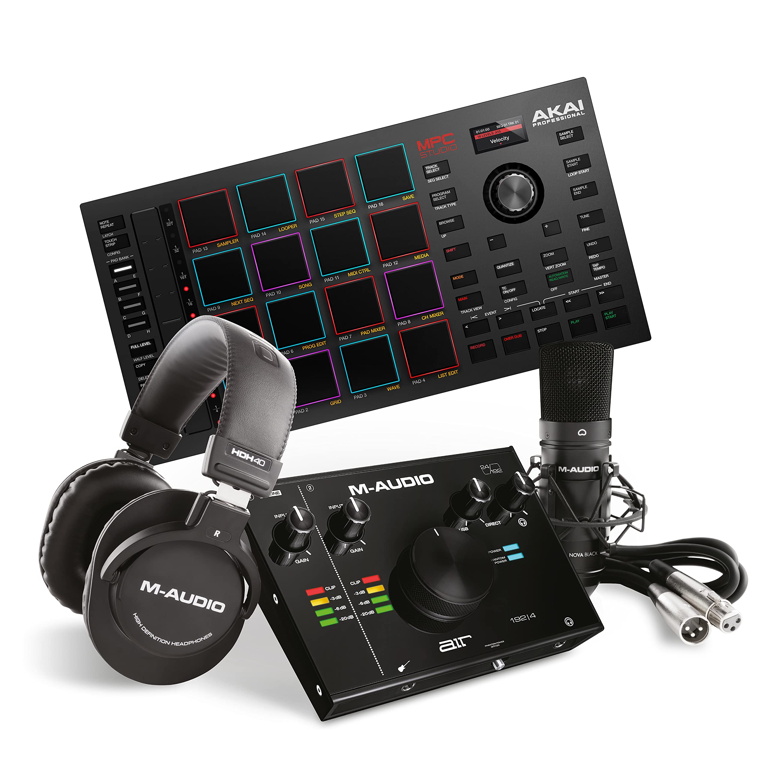Akai Professional MPC Studio MIDI Controller Drum Machine with M-Audio AIR 192|4 Audio Interface, XLR Microphone & Studio Headphones - Complete Beat Making Bundle for Music Production, Home Studio Recording & Live Performances