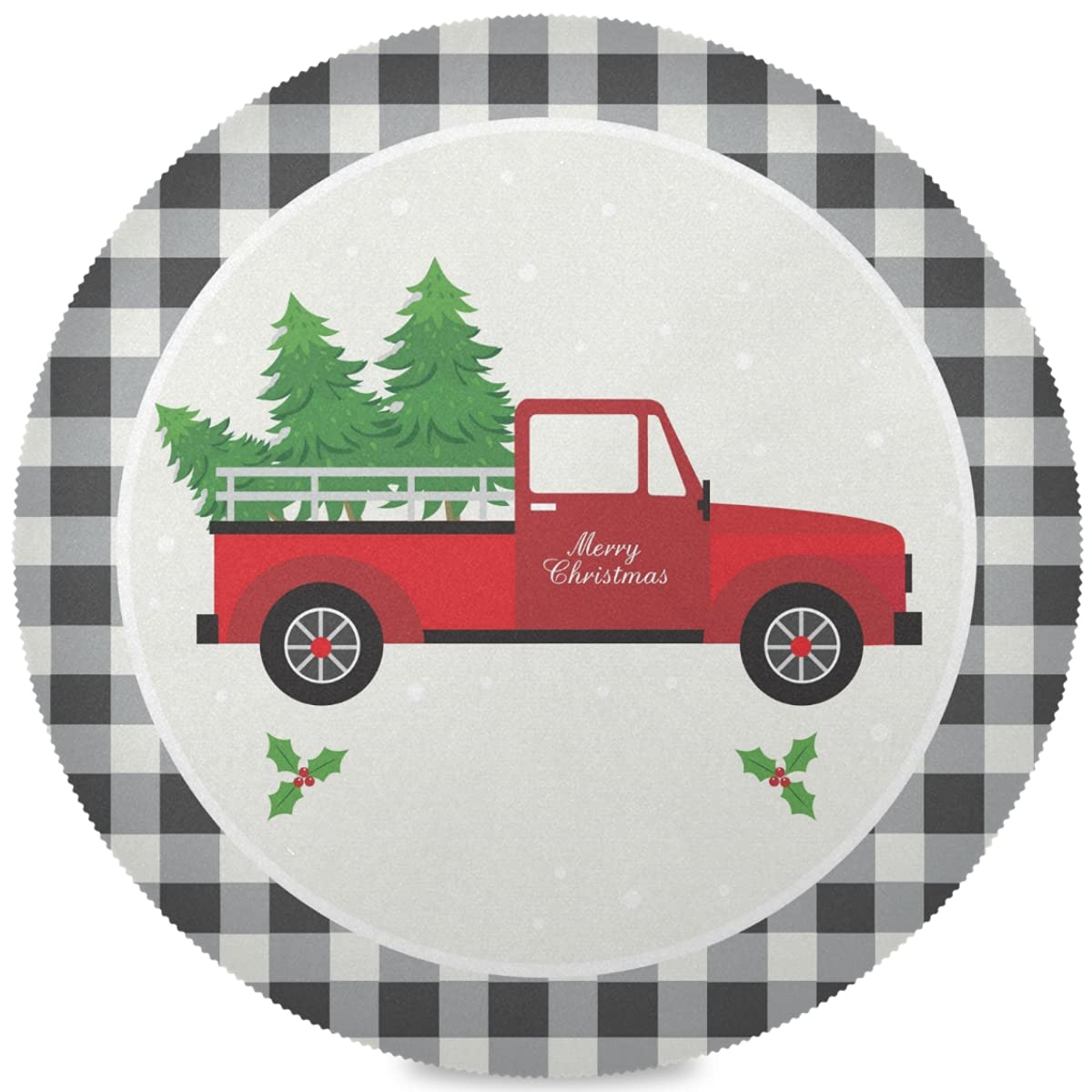 Christmas Truck & Buffalo Plaid Round Placemats Set of 1 - 15 Inch Non-Slip Dining Table Mats for Kitchen, Holiday Decor, Home & Wedding - Easy Clean Festive Table Setting Accessories