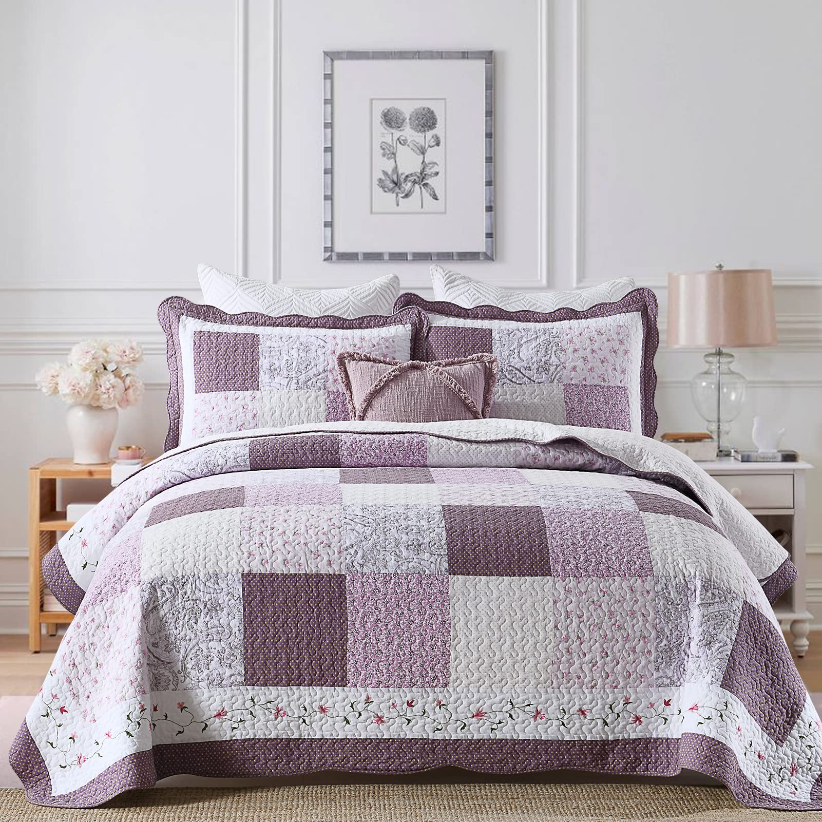 King Size Quilt Set - 100% Cotton Lightweight Floral Patchwork Comforter for King Bed | Purple & Pink Plaid Bedspread | All-Season Bedding for Home, Guest Room & Cozy Decor