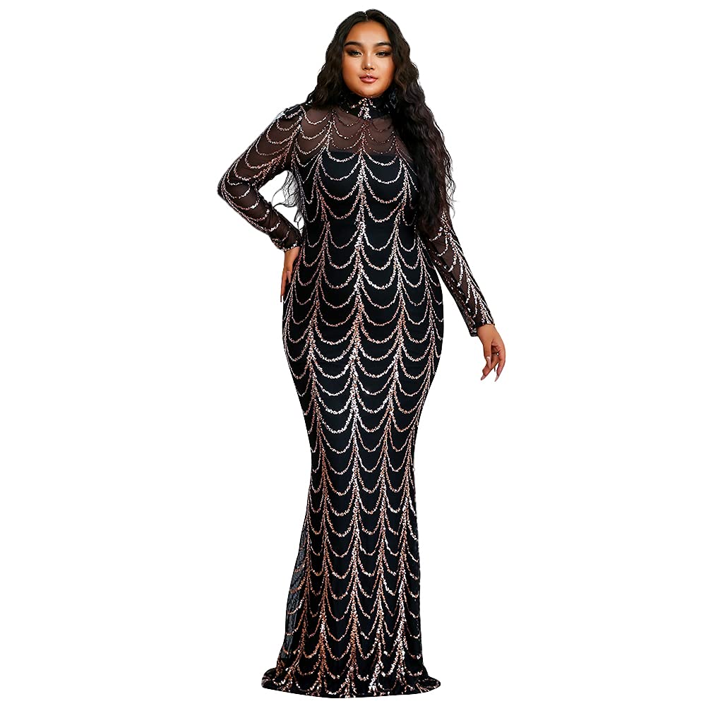 Yesexy Women's Plus Size Long Sleeve High Neck Mermaid Evening Dress with Sequins & Mesh - Gold Formal Gown for Prom, Wedding Guest, Black Tie Events & Special Occasions