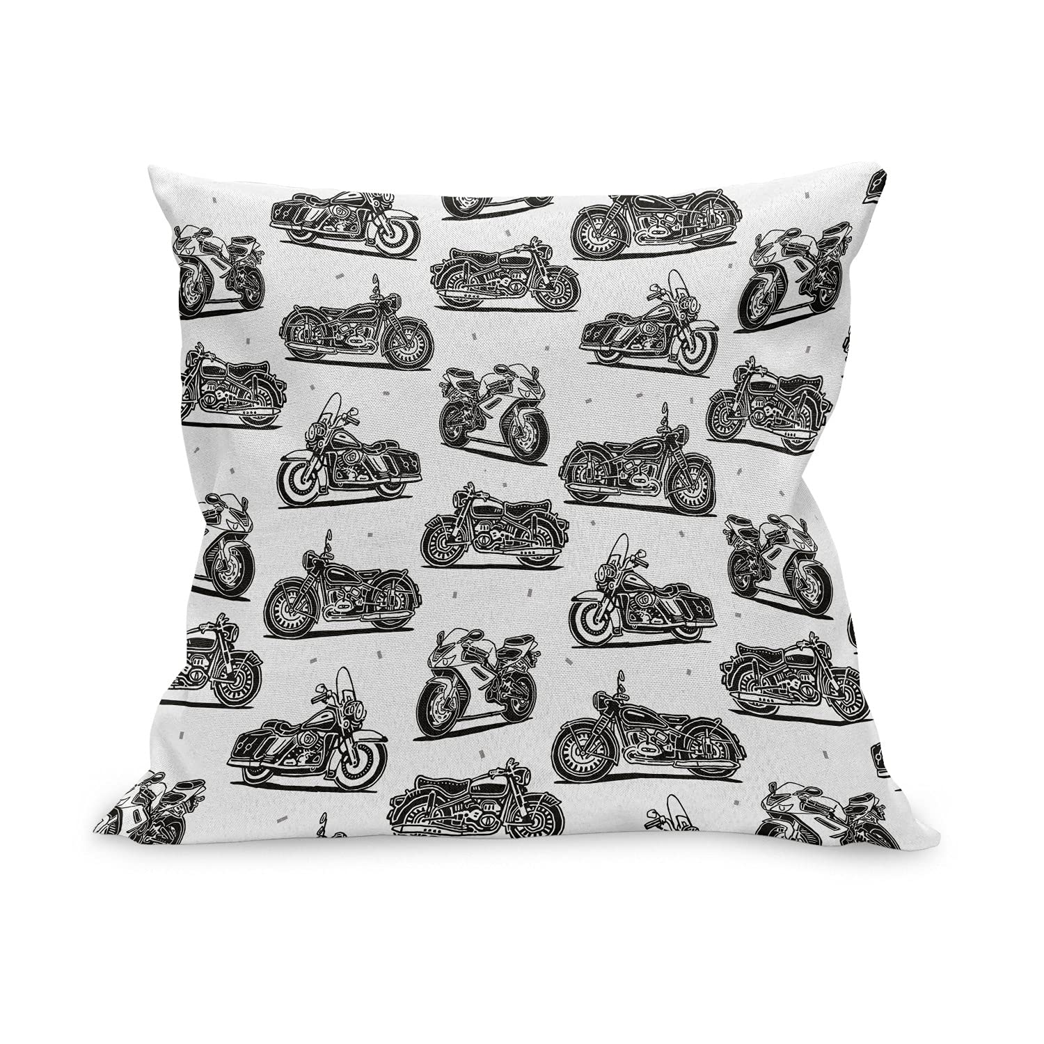 Ambesonne Motorcycle Throw Pillow Cover 24x24 Inch - Vintage & Modern Bike Design on White Background - Grey Black White Square Decorative Cushion Case for Living Room, Bedroom, Sofa & Motorcycle Enthusiast Gifts