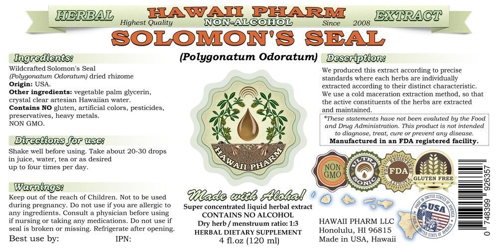 Solomon's Seal Alcohol-Free Liquid Extract - Polygonatum Odoratum Dried Rhizome Glycerite Herbal Supplement | 4 fl.oz Bottle | Natural Remedy for Joint Pain & Inflammation | Made in USA by Hawaii Pharm | Perfect for Herbal Tea, Tinctures & Holistic Wellness