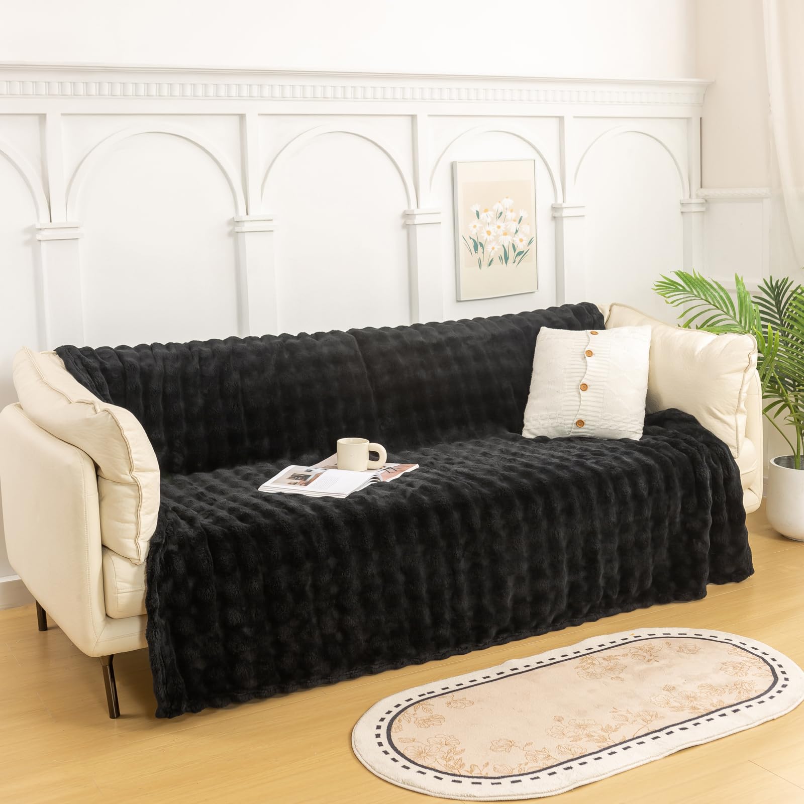 YUSOKI Faux Fur Twin Blanket with 3D Bubbles - Ultra Soft Cozy Fuzzy Throw Blanket for Couch, Sofa & Chair - 60x80 Inches Black - Perfect for Home Décor, Gifts & Winter Warmth