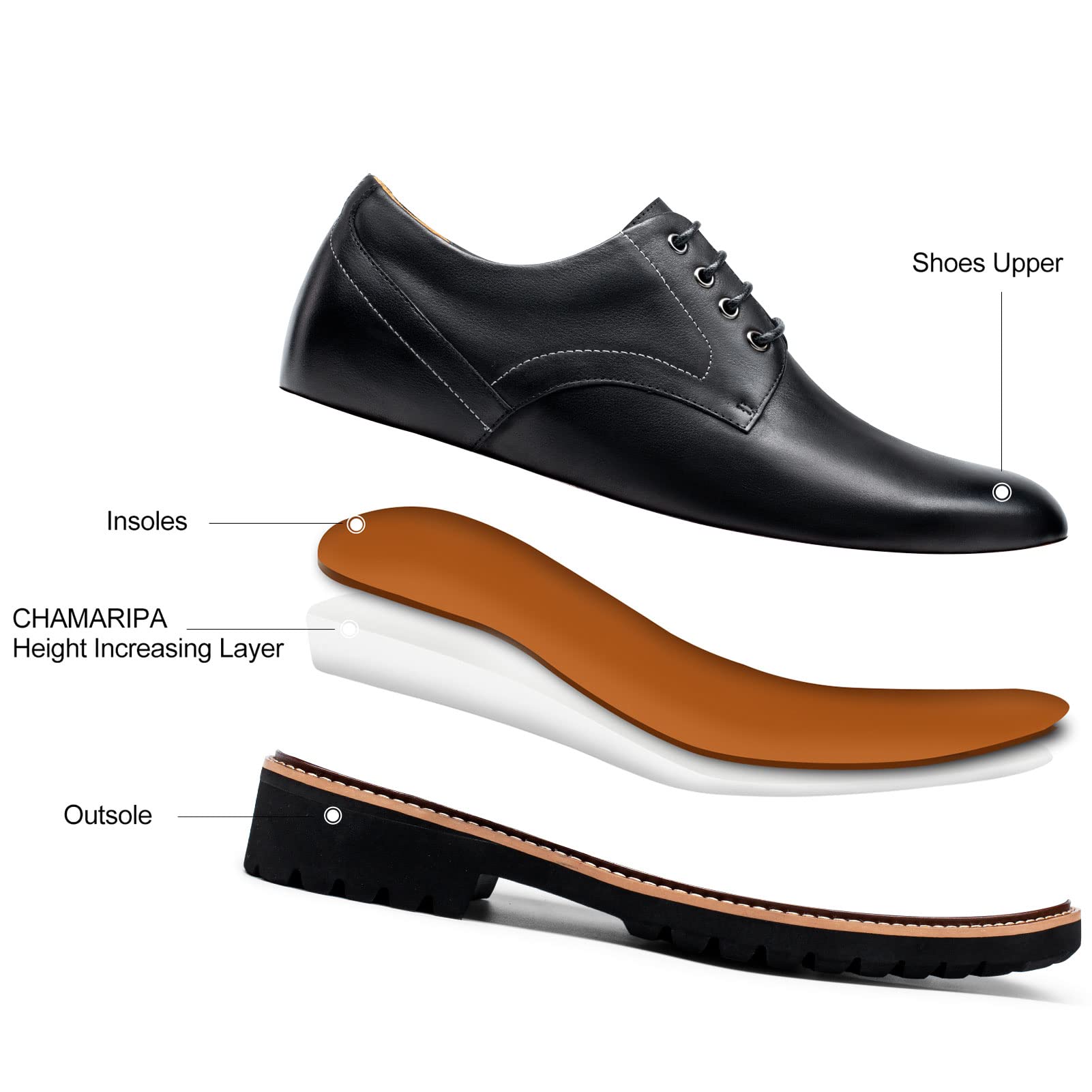 CHAMARIPA Men's Height Increasing Shoes - Leather Lace-up Dress Elevator Shoes (Invisible Lift) for Business, Dating & Formal Occasions