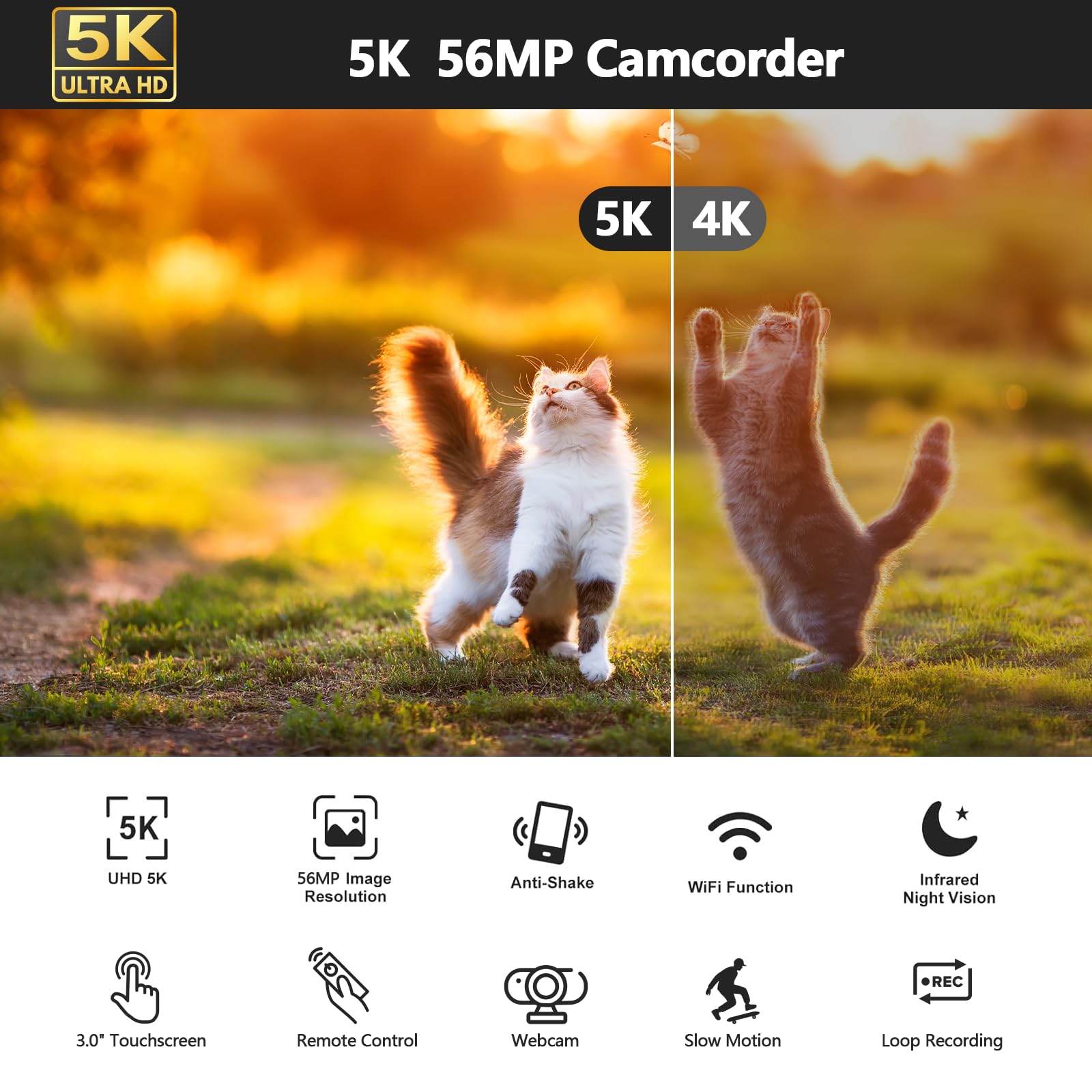 5K 56MP Vlogging Camera with WiFi & Night Vision - 3” 270° Rotatable Touchscreen YouTube Camcorder, Includes 64GB SD Card, Microphone, Stabilizer, Remote, Batteries & Tripod - Perfect for Travel Vlogging, Live Streaming & Podcast Recording