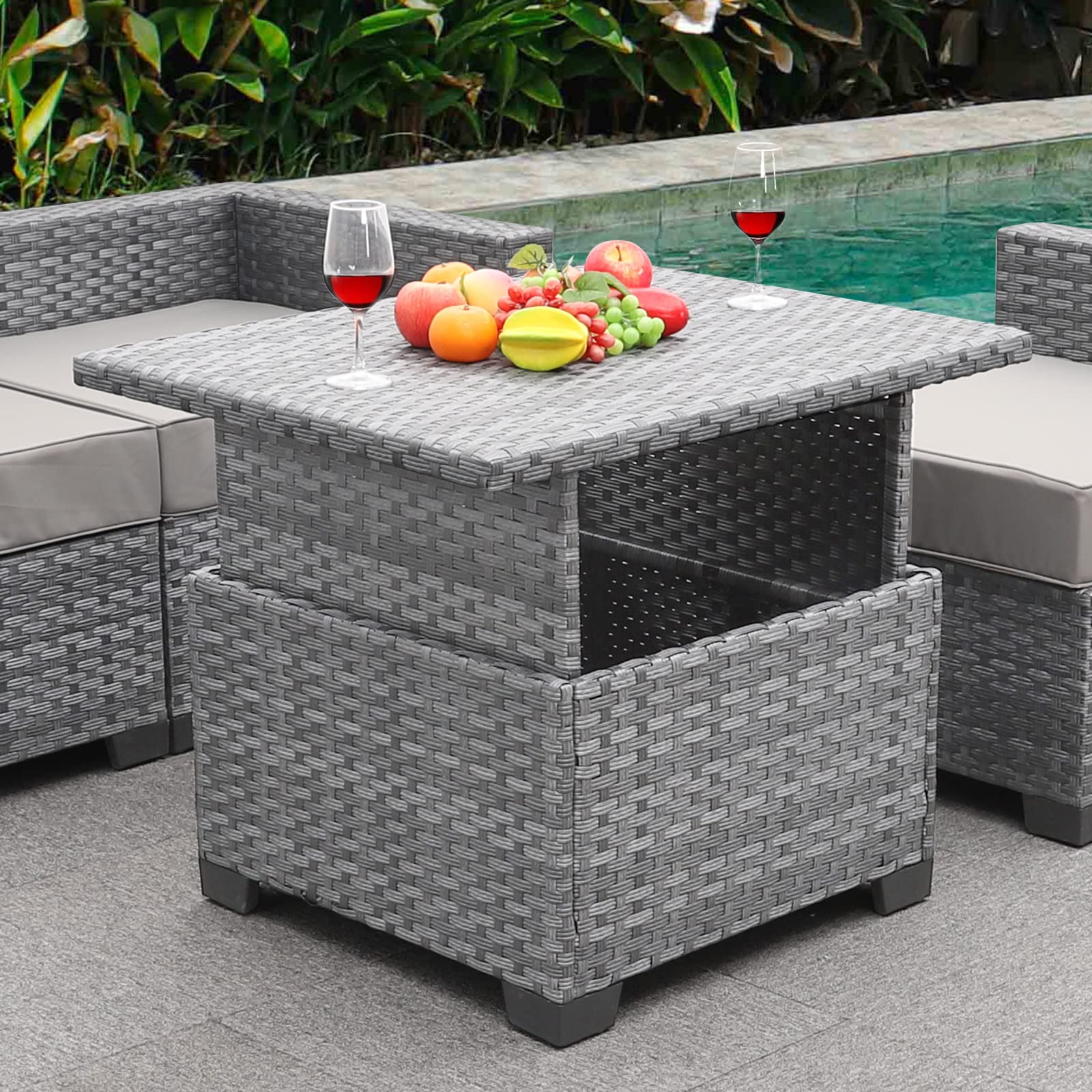 Outdoor PE Wicker Liftable Coffee Table - Rattan Patio Furniture with Storage, Silver Gray - Perfect for Garden, Balcony & Poolside Relaxation