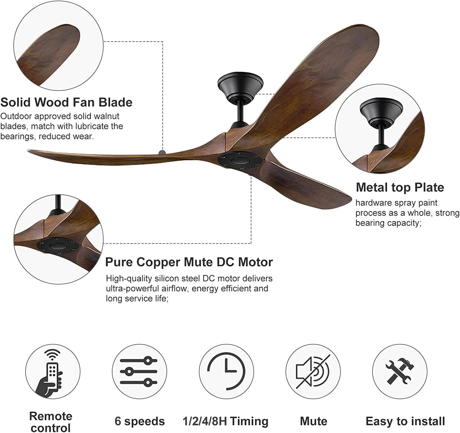 60 Inch Outdoor Ceiling Fan No Light - 3 Blade Solid Wood Modern Farmhouse Ceiling Fan with Remote Control - Ideal for Patio, Porch, Exterior & High/Low Sloped Ceilings