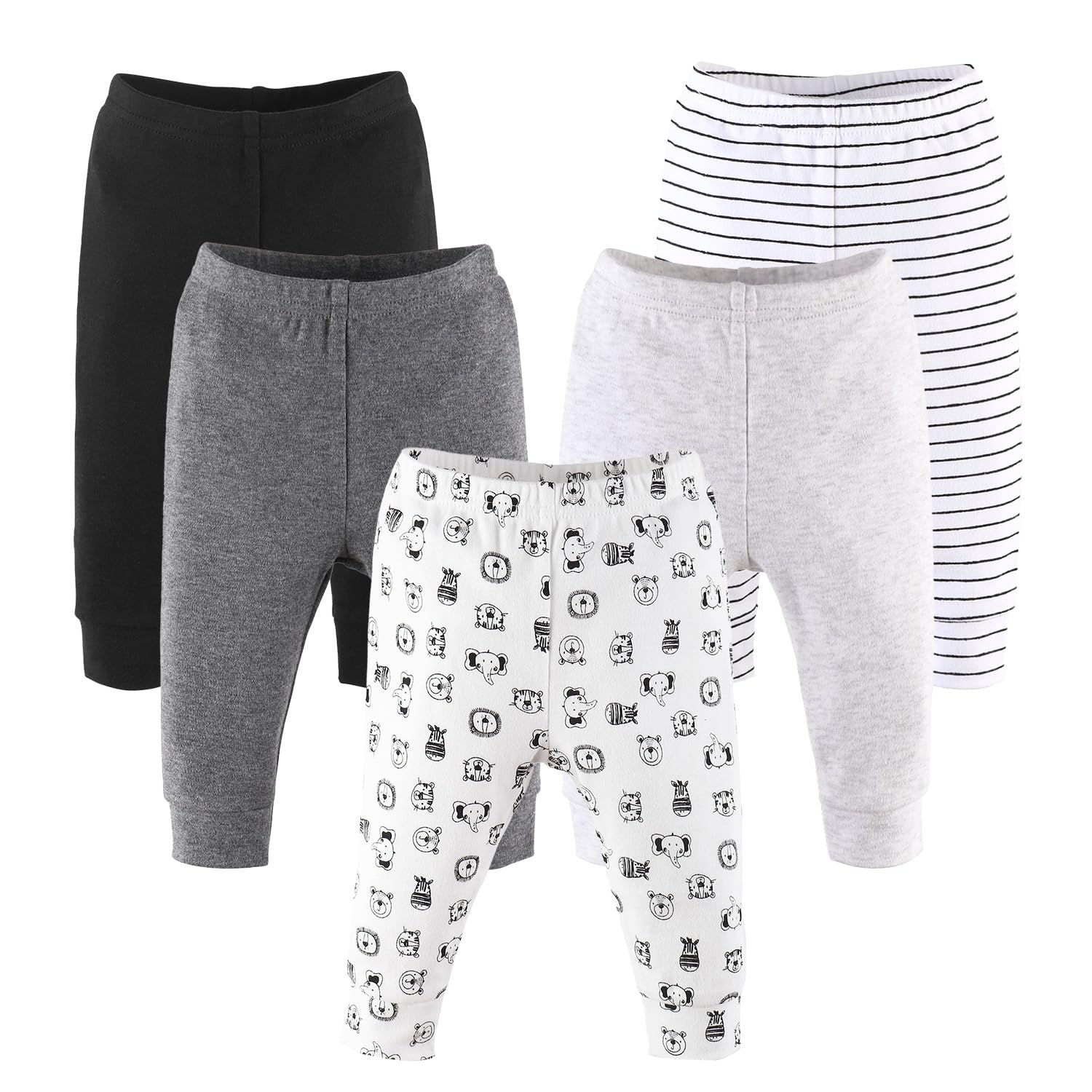 Peanutshell 5-Pack 100% Cotton Baby Pants Set for Boys & Girls (3-6 Months) - Soft Toddler Clothes with Cute Safari Animal Prints - Perfect for Playtime, Daycare & Family Outings