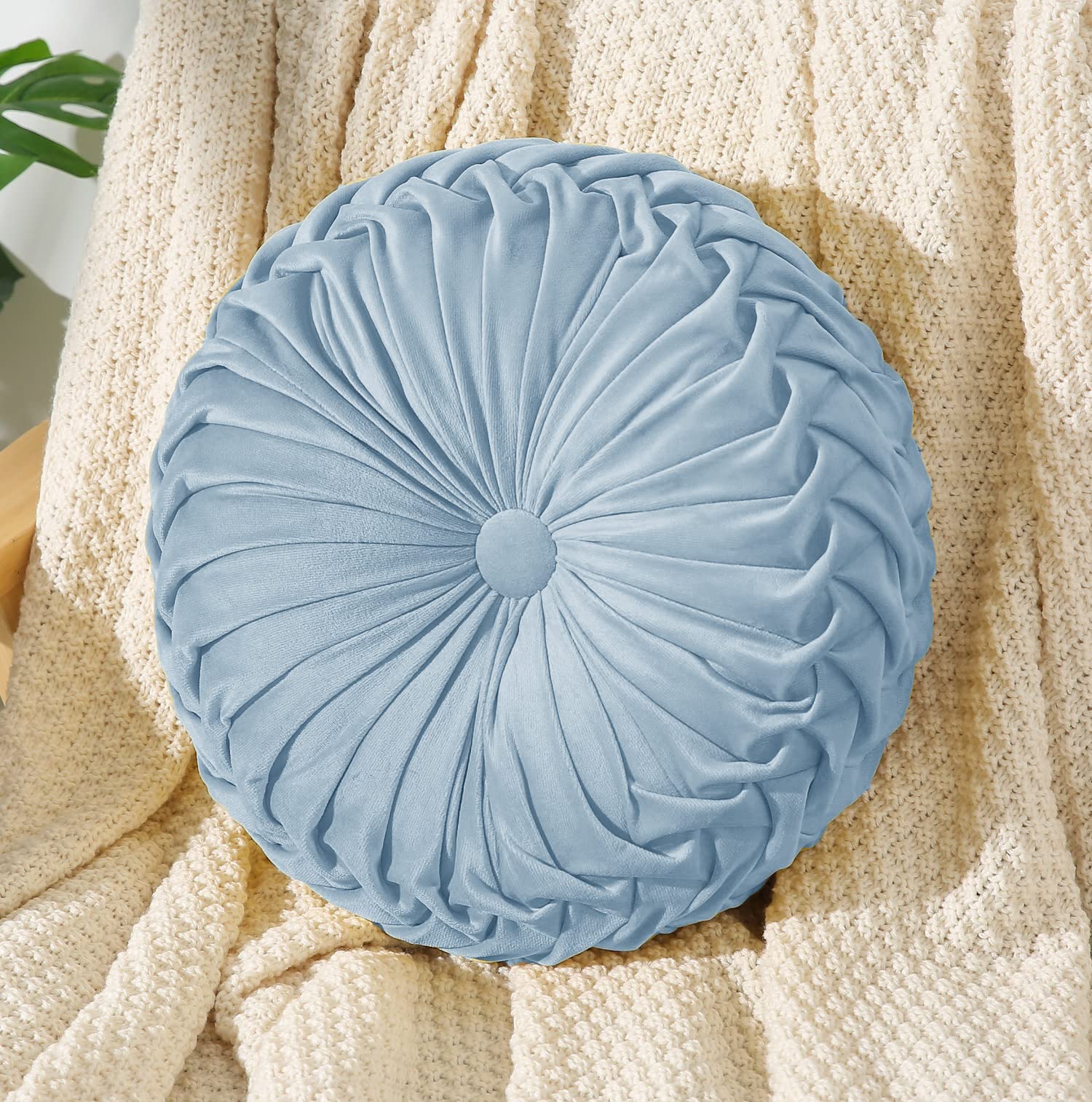 Naibyuki Round Velvet Throw Pillow - 14 Inch Diameter, 6 Inch Height - Soft Pleated Pumpkin Pillow for Couch, Chair, Bed & Car Decor - Sky Blue Home Decoration Cushion - Perfect for Living Room, Bedroom & Office Accent