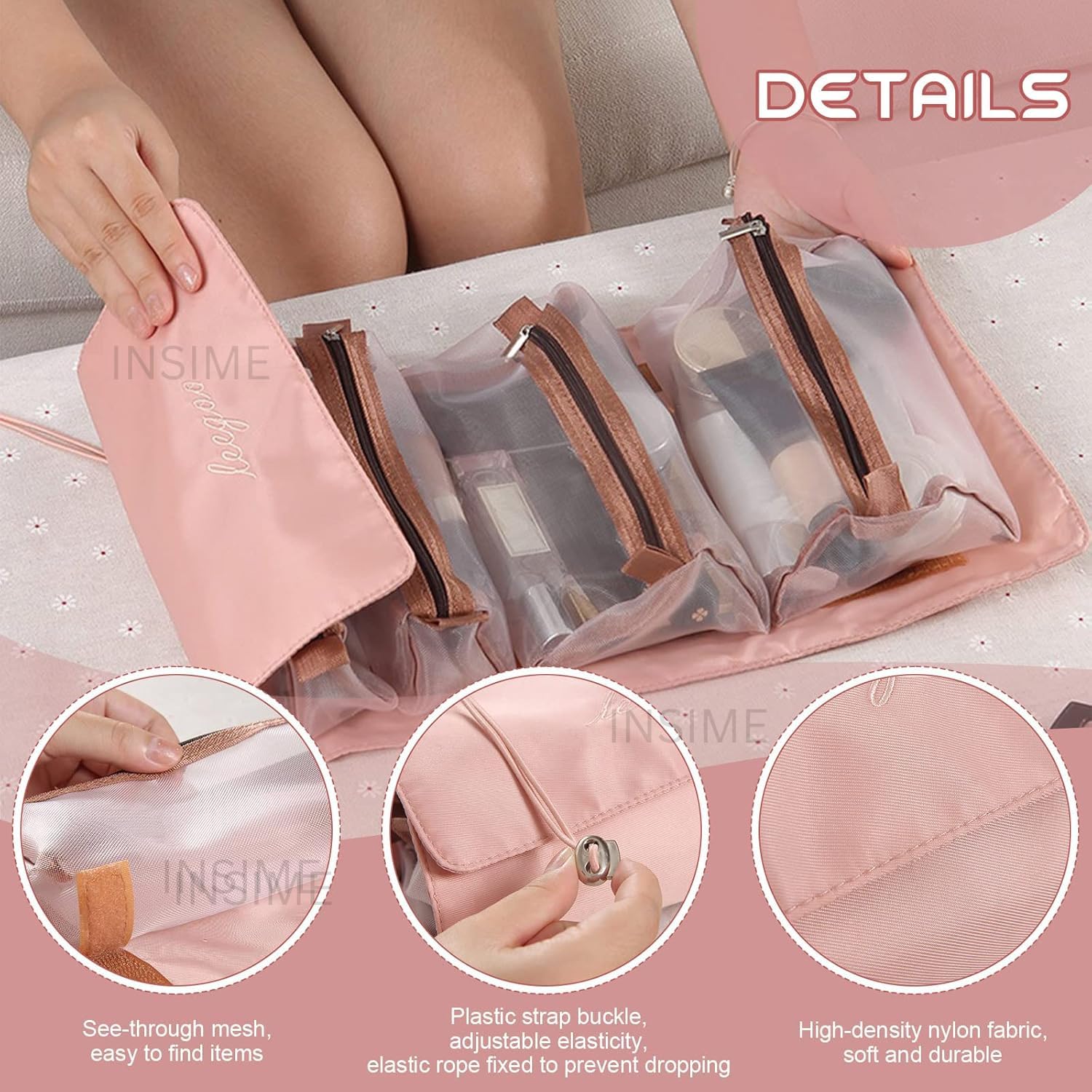 INSIME Foldable Travel Makeup Bag for Women | 4 Detachable Hanging Toiletry Organizer | Waterproof Cosmetic Storage Pouch | Perfect for Airplane, Gym & Vacation Travel Essentials