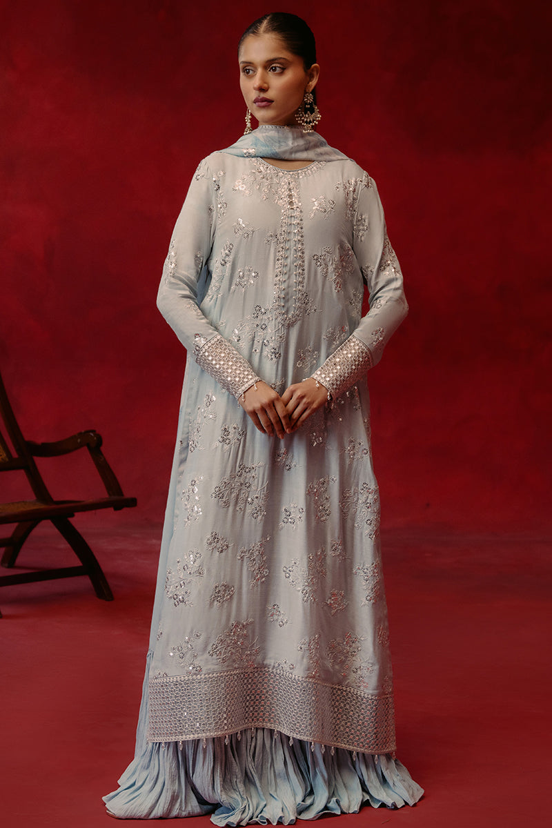 MAJESTIC AZURE 3-Piece Silk Embroidered Suit for Women | Luxury Formal Wear | Wedding, Party & Special Occasion Outfit