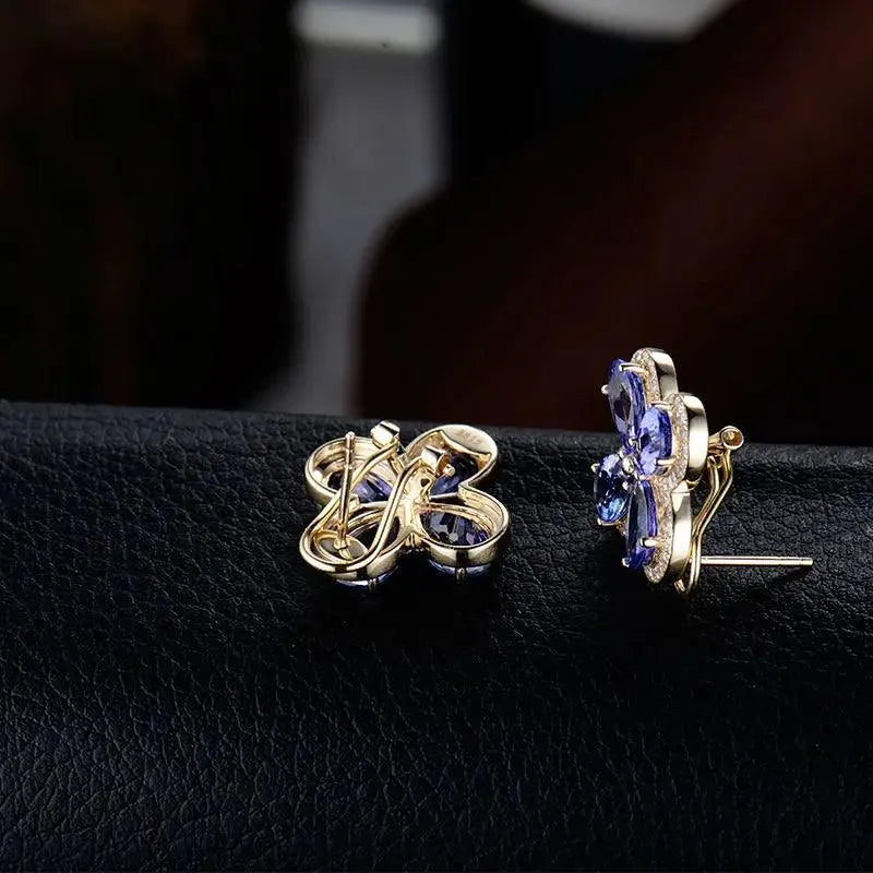14k Real Yellow Gold Tanzanite & Natural Diamond Pear Stud Earrings 7x9mm for Women | Wedding, Party, Anniversary Gift | Elegant Jewelry for Special Occasions