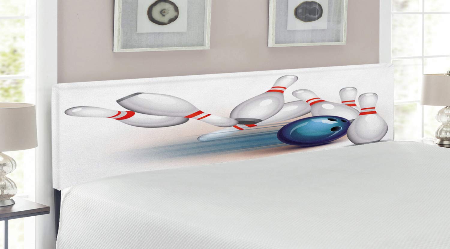 Ambesonne Bowling Party King Size Headboard - Upholstered Decorative Metal Bed Frame with Memory Foam | White, Pale Blue & Red Design | Perfect for Game Rooms, Bowling Enthusiasts & Sports-Themed Bedrooms