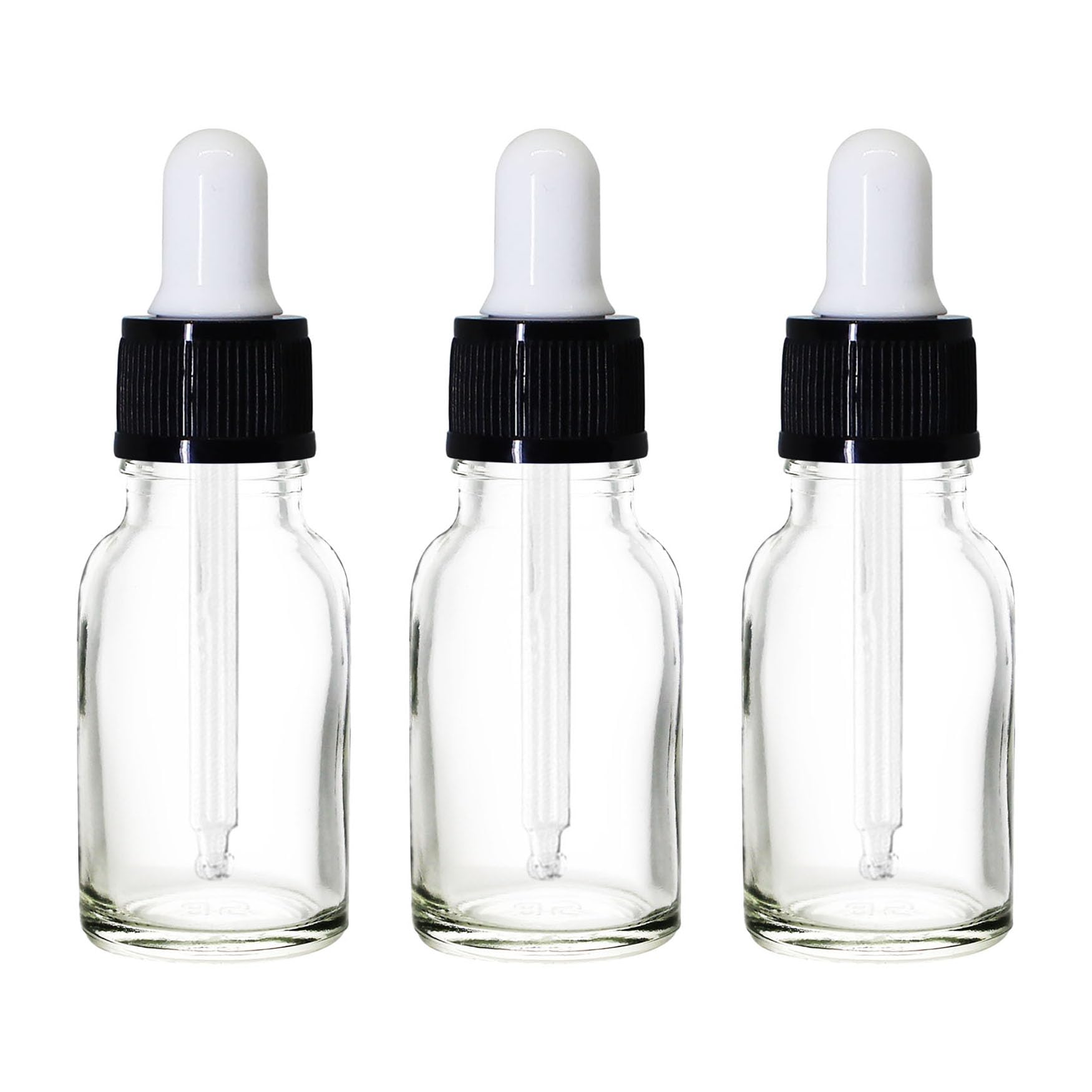 NSB Herbals 15ml Clear Round Empty Glass Bottle with Dropper & Black Ring - White Silicone Teat for Essential Oils, Perfumes, DIY Beauty (Pack of 3) | Refillable Travel-Size Container for Aromatherapy & Skincare