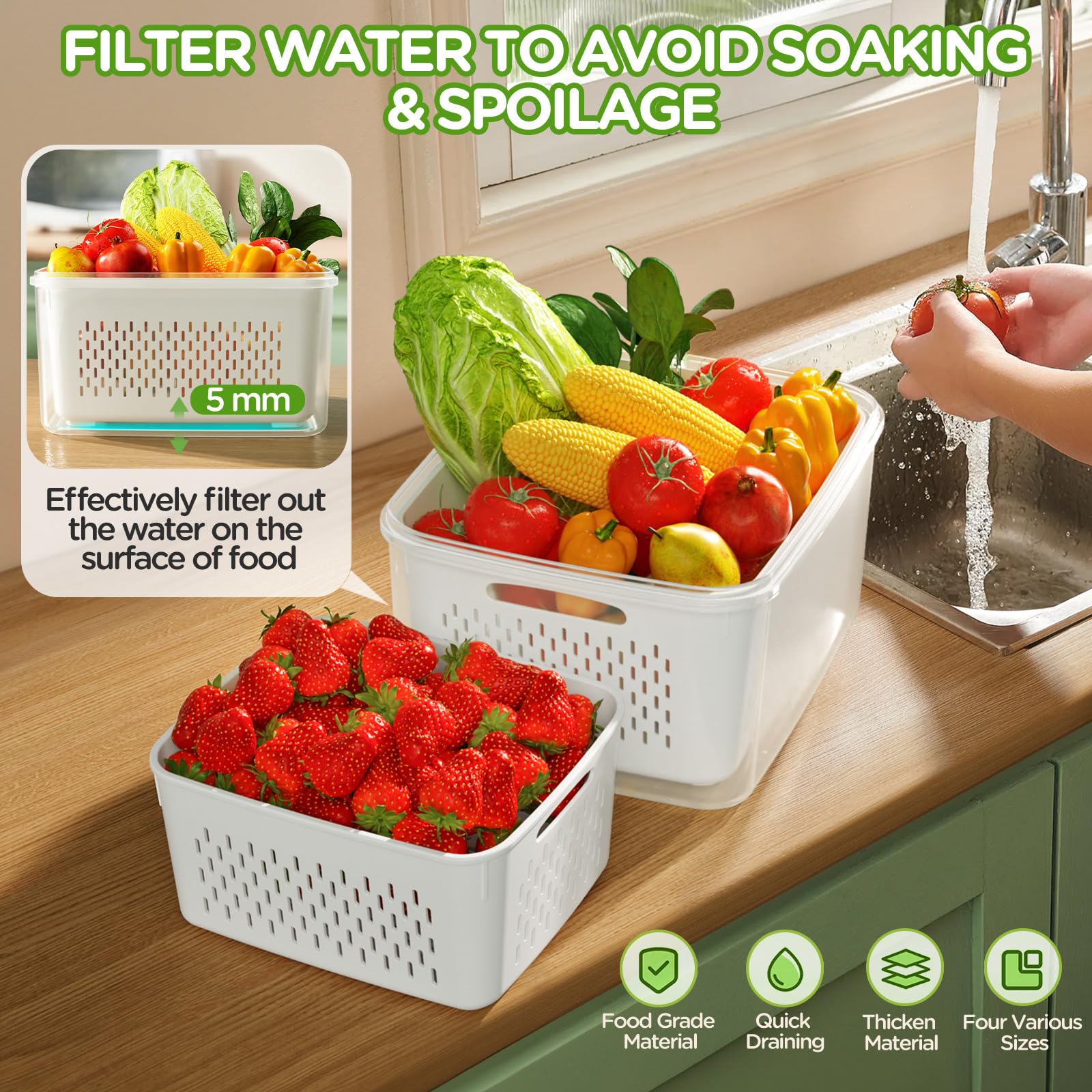 4-Piece Fruit Storage Containers for Refrigerator - Airtight Produce Keepers with Removable Colander & Strainer, Microwave & Dishwasher Safe - Perfect for Storing Berries, Salad Greens, Lettuce & Fresh Fruits in Kitchen or Fridge