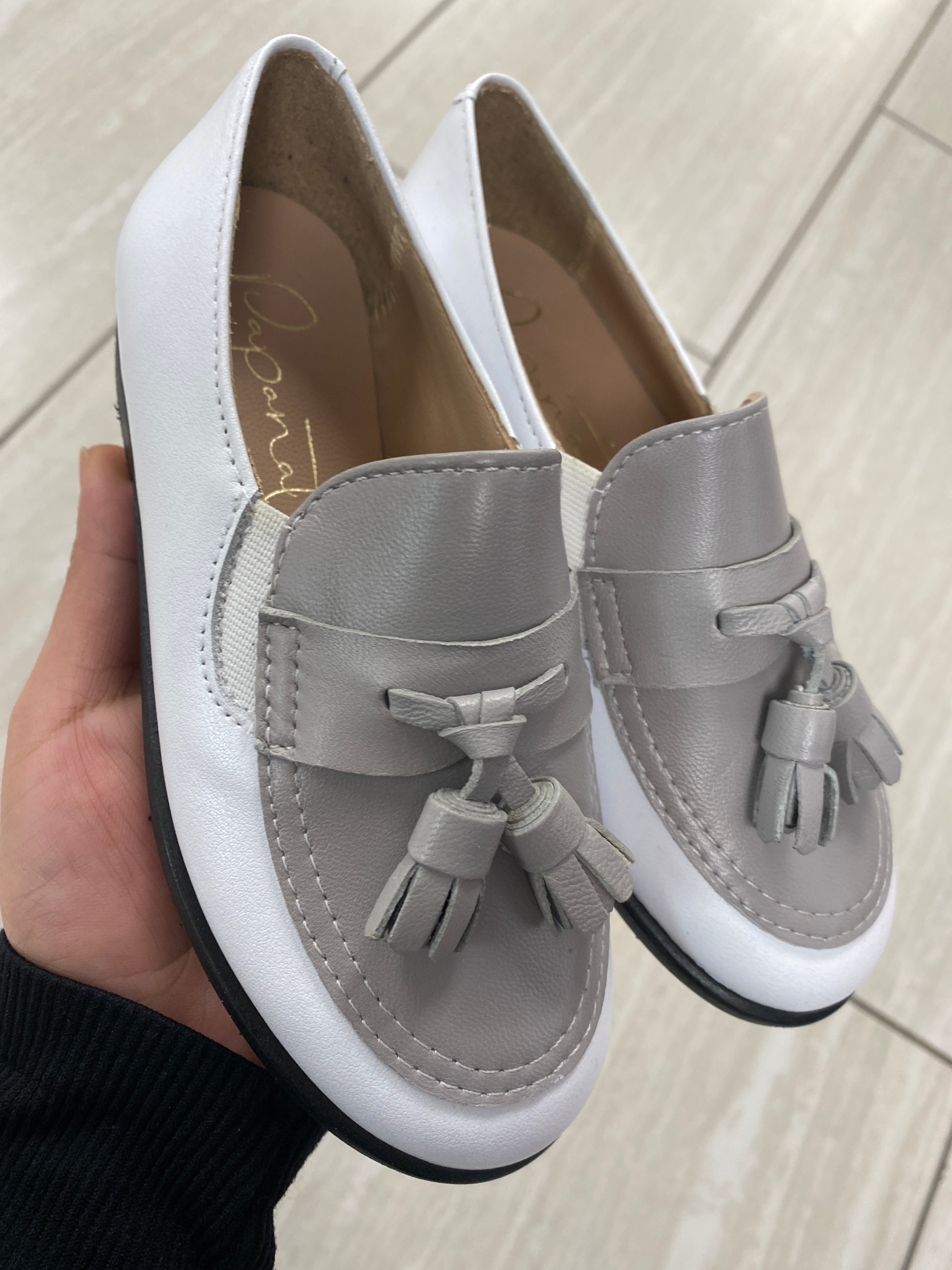 Stylish White and Gray Tassel Loafers for Women - Comfortable Slip-On Dress Shoes for Office, Party & Casual Wear