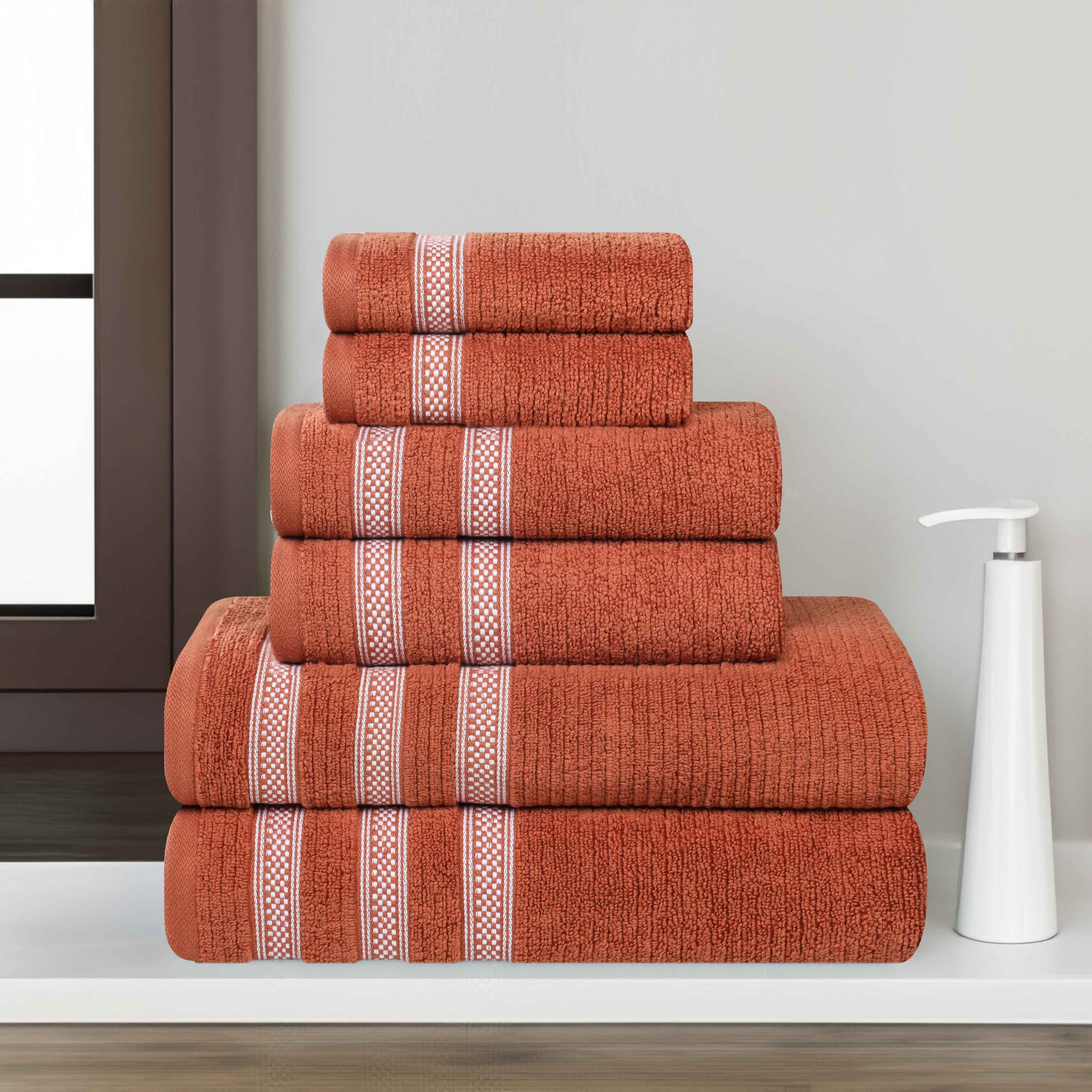 Premium 6-Piece Zero Twist Cotton Towel Set - Ultra Soft, Absorbent & Quick-Drying Bath Towels with Geometric Border Design for Spa, Bathroom & Luxury Home Decor